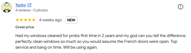 Screenshot of a Google review for window cleaning service, praising their work and punctuality.