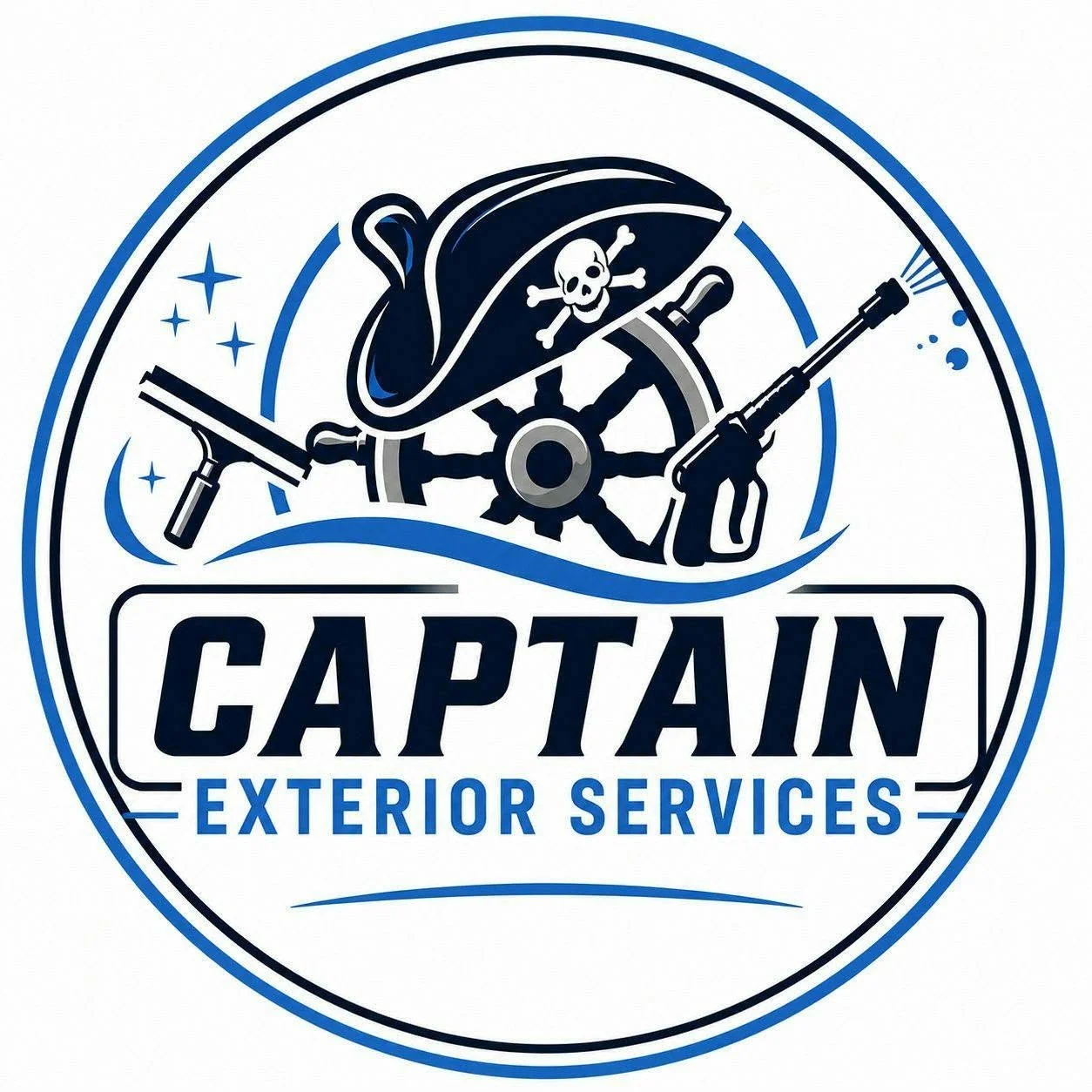 Logo for Captain Exterior Services featuring a pirate hat with a skull and crossbones, a ship's wheel, and spray paint guns, with the company name in bold letters.