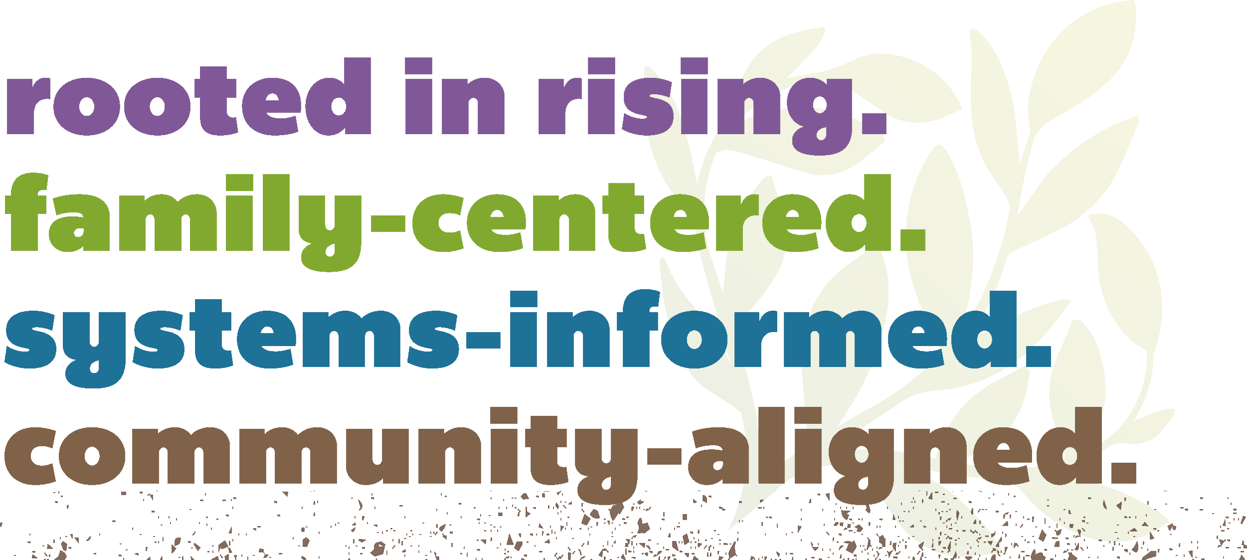 Word cloud with phrases: 'rooted in rising,' 'family-centered,' 'systems-informed,' and 'community-aligned,' over a background with green leaves.