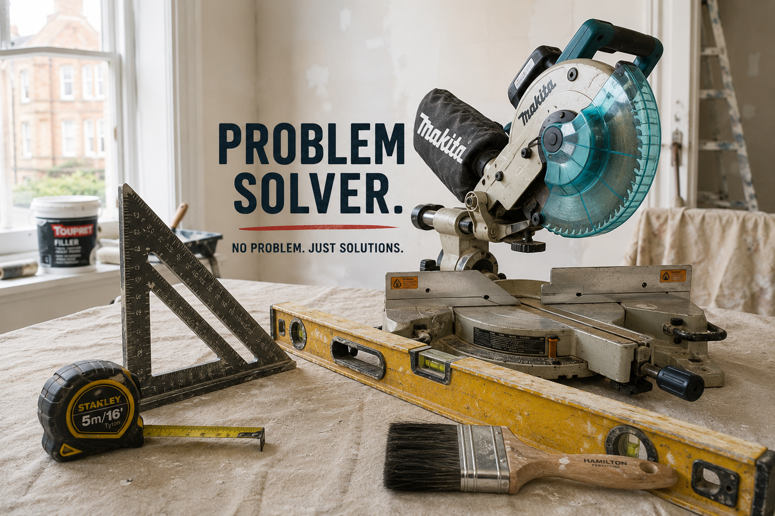 A miter saw, level, measuring tape, T-square, and paintbrush on a worktable in a room under construction, with a wall that has a sign reading "Problem Solver. No problem. Just solutions."