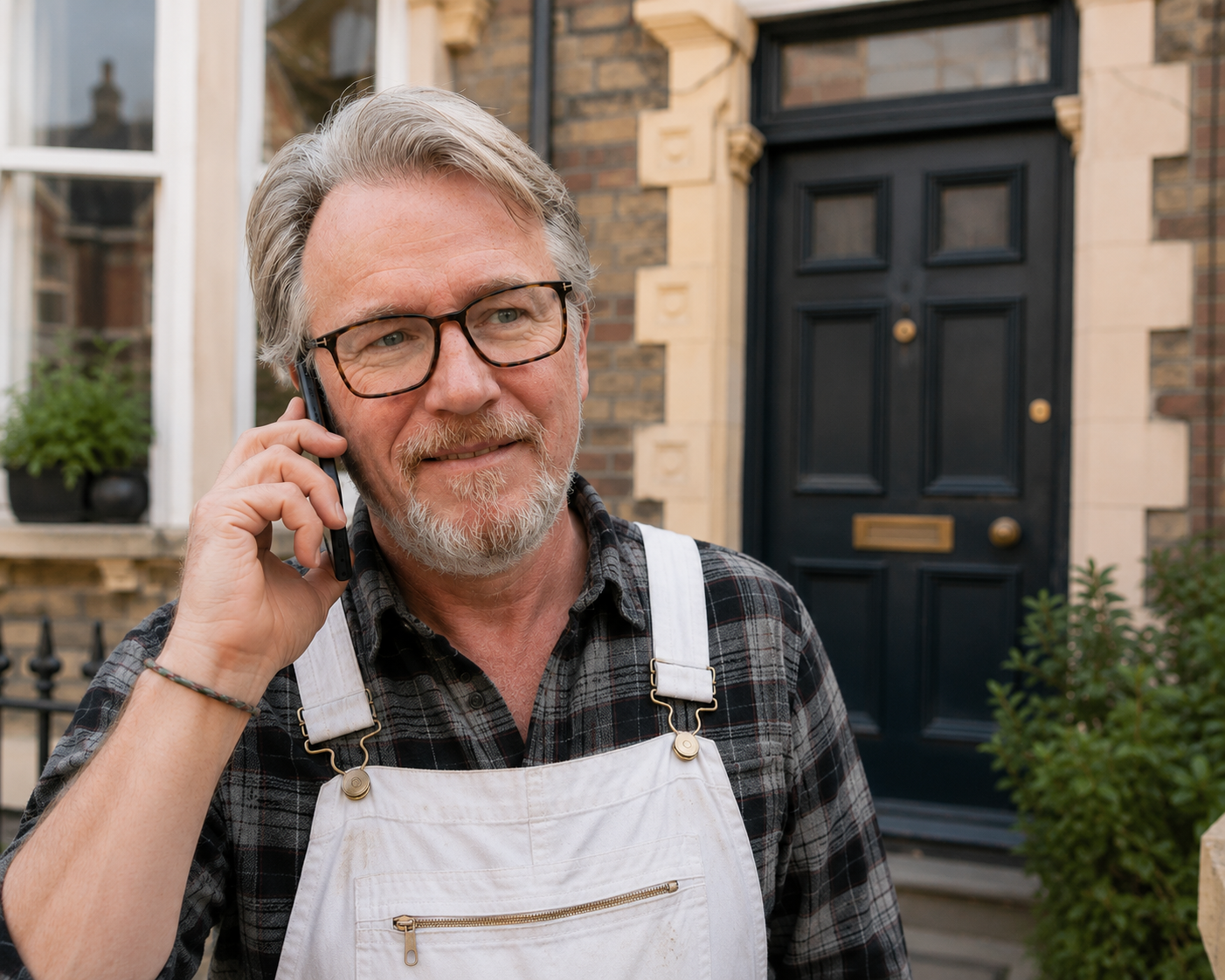 A middle-aged man with gray hair, beard, and glasses is talking on his cellphone outside a brick house. He is wearing a plaid shirt and white apron, possibly a gardener or handyman.