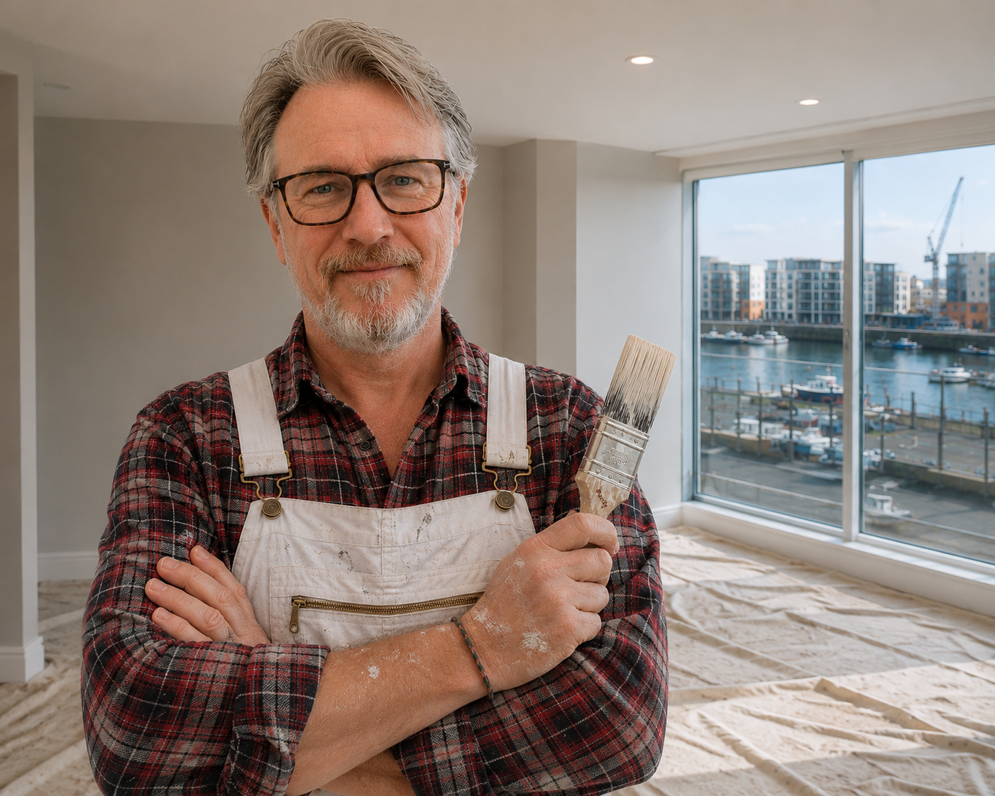 A man with gray hair, beard, and glasses holding a paintbrush inside a room with a large window overlooking a marina and buildings.