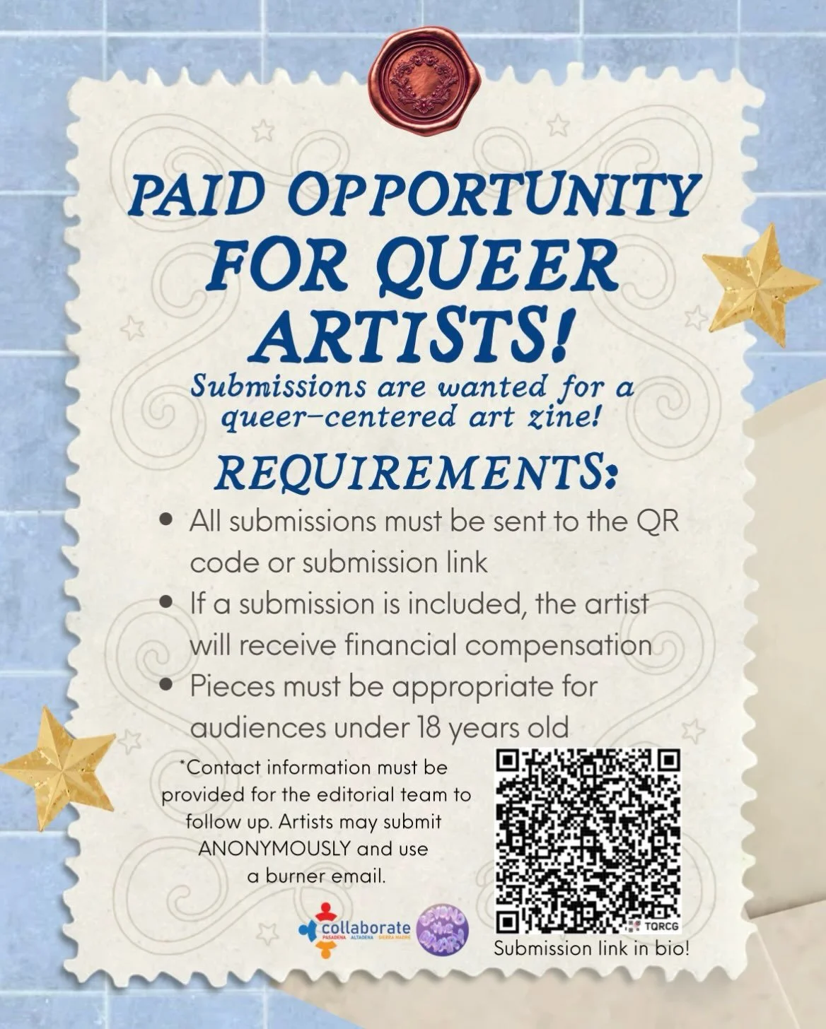 ✨ CALLING ALL QUEER ARTISTS FOR A PAID AND SPOTLIGHT OPPORTUNITY!!! ✨
The submissions portal is open for issue #2 of Beyond the Binary Zine! 😁

We encourage you to submit your wonderful artwork to our LGBTQ+ youth zine! Our mission is to share stori
