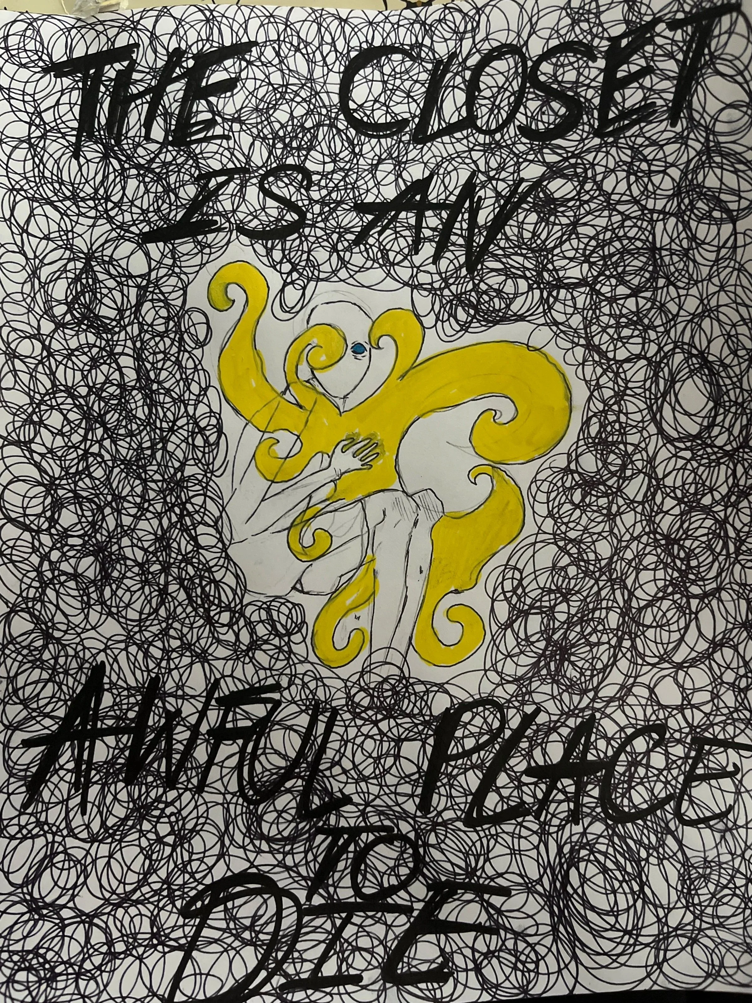 A hand-drawn illustration with black scribbles and interconnected circles surrounding a central image of a yellow amorphous shape with the words, The Closet is an Awful Place to Die"