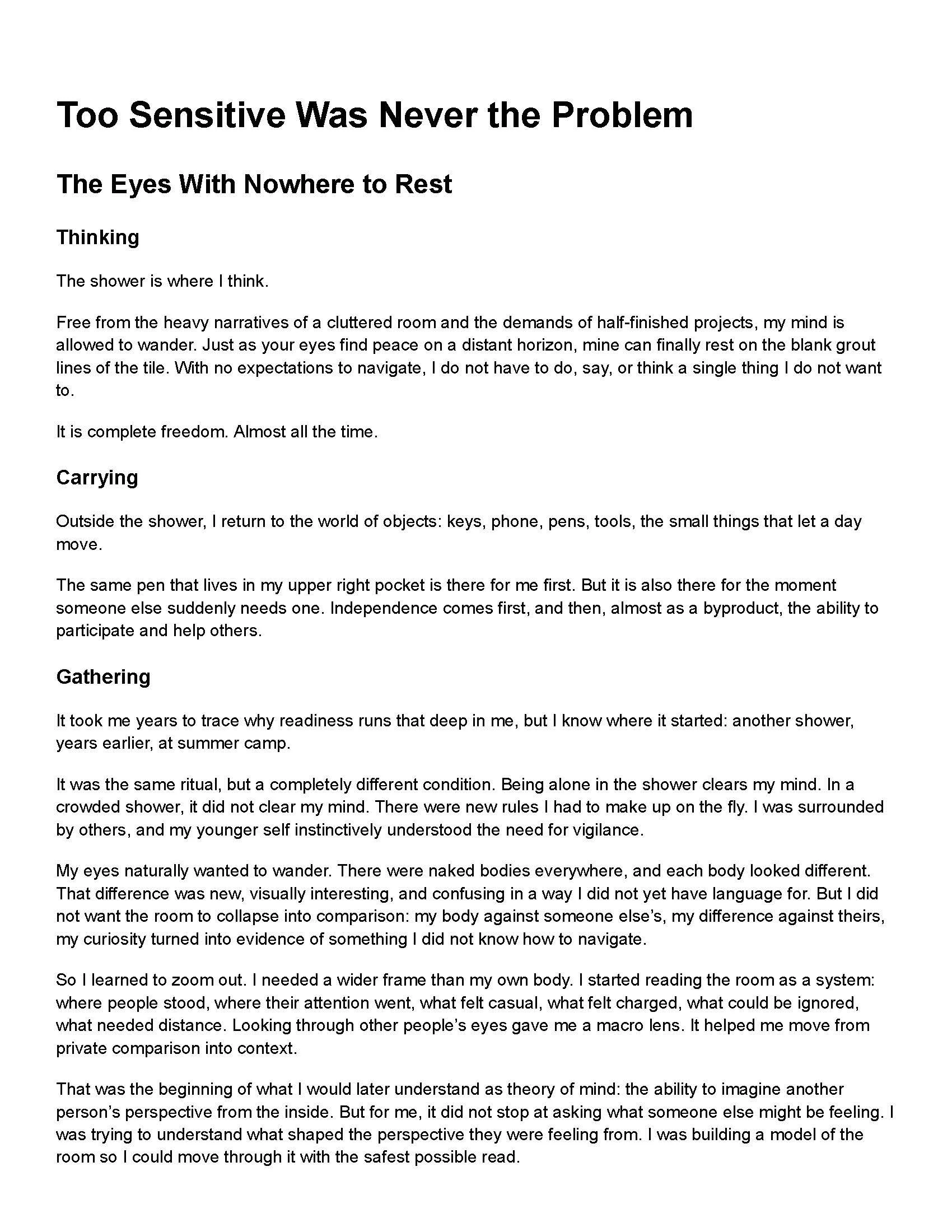 A page of text discussing the concept of perspective and self-awareness, with section headings such as 'Too Sensitive Was Never the Problem,' 'Thinking,' 'Carrying,' and 'Gathering.' The content reflects personal insights and cognitive reflections.