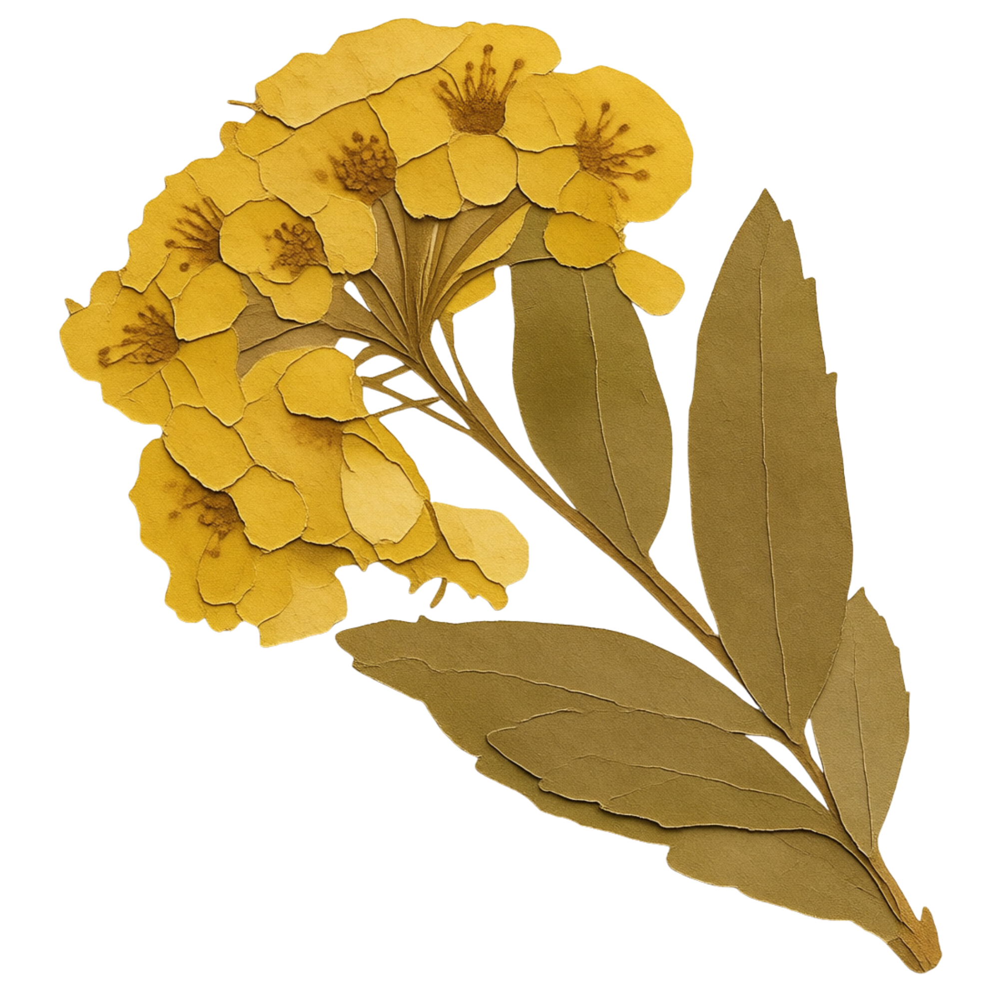 A cluster of dried yellow flowers with long stems and broad elongated leaves.
