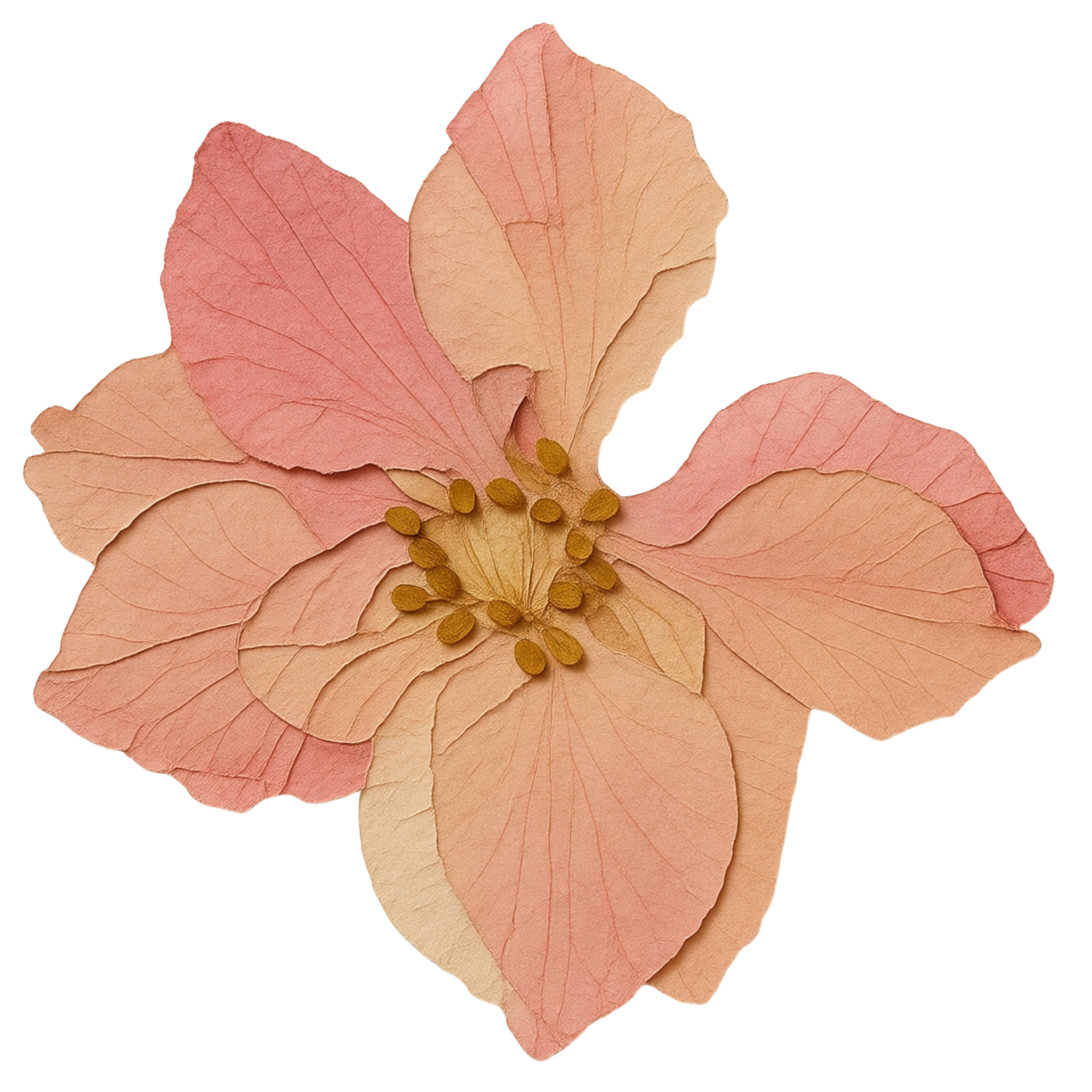 Close-up of dried peach-colored leaves with prominent veins and small yellow flower buds at the center.