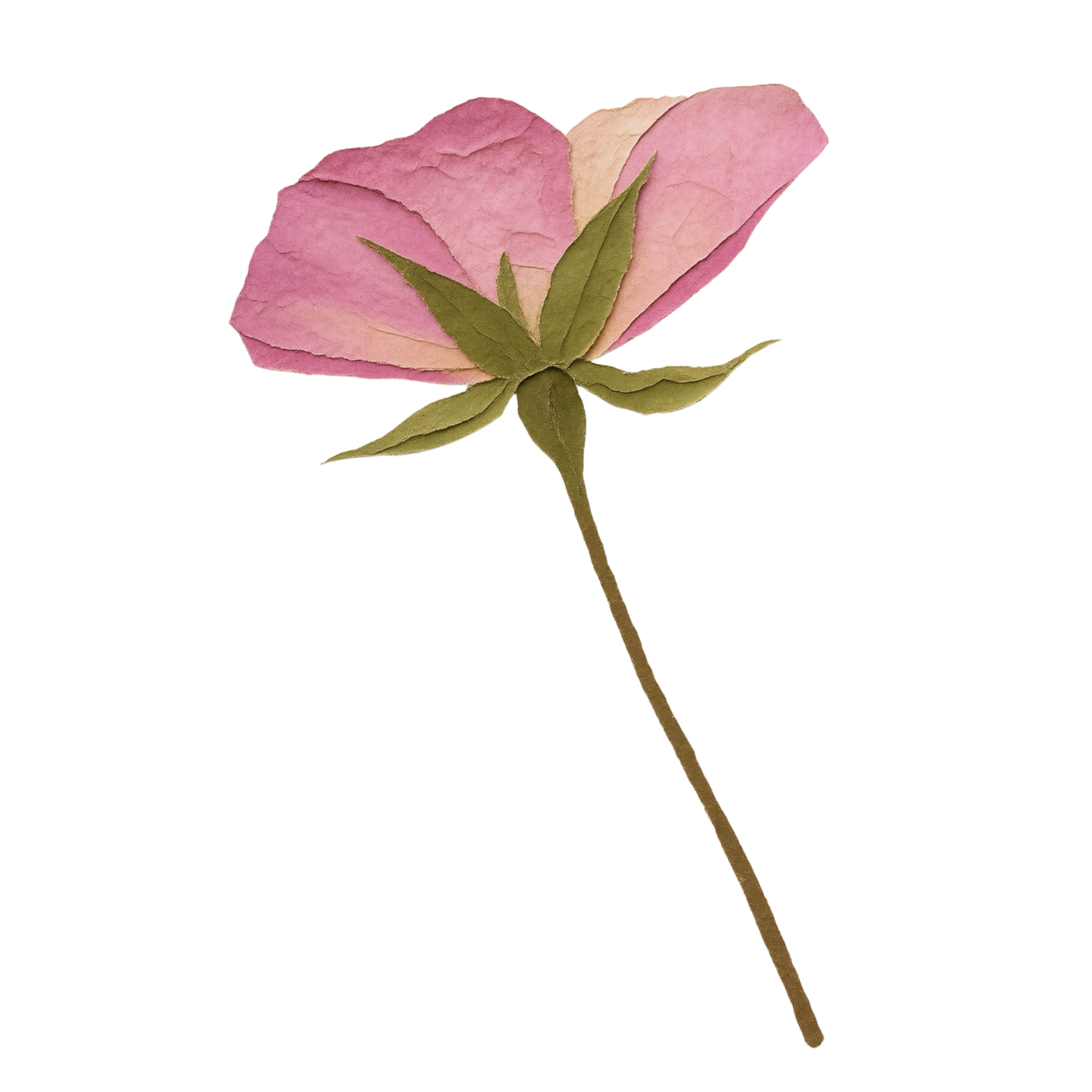 Watercolor illustration of a pink flower with green leaves.