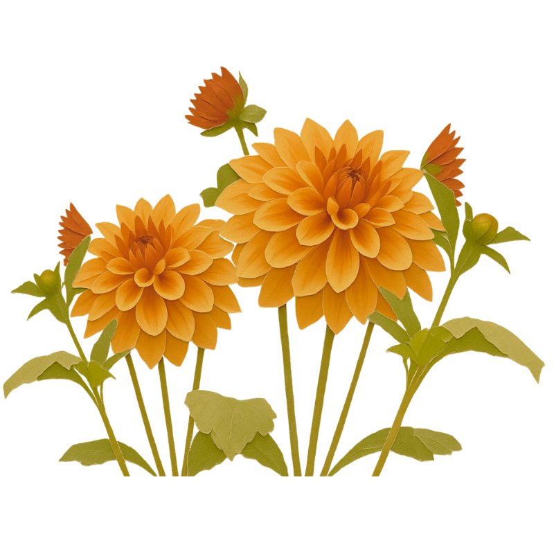 Orange dahlia flowers with green leaves.