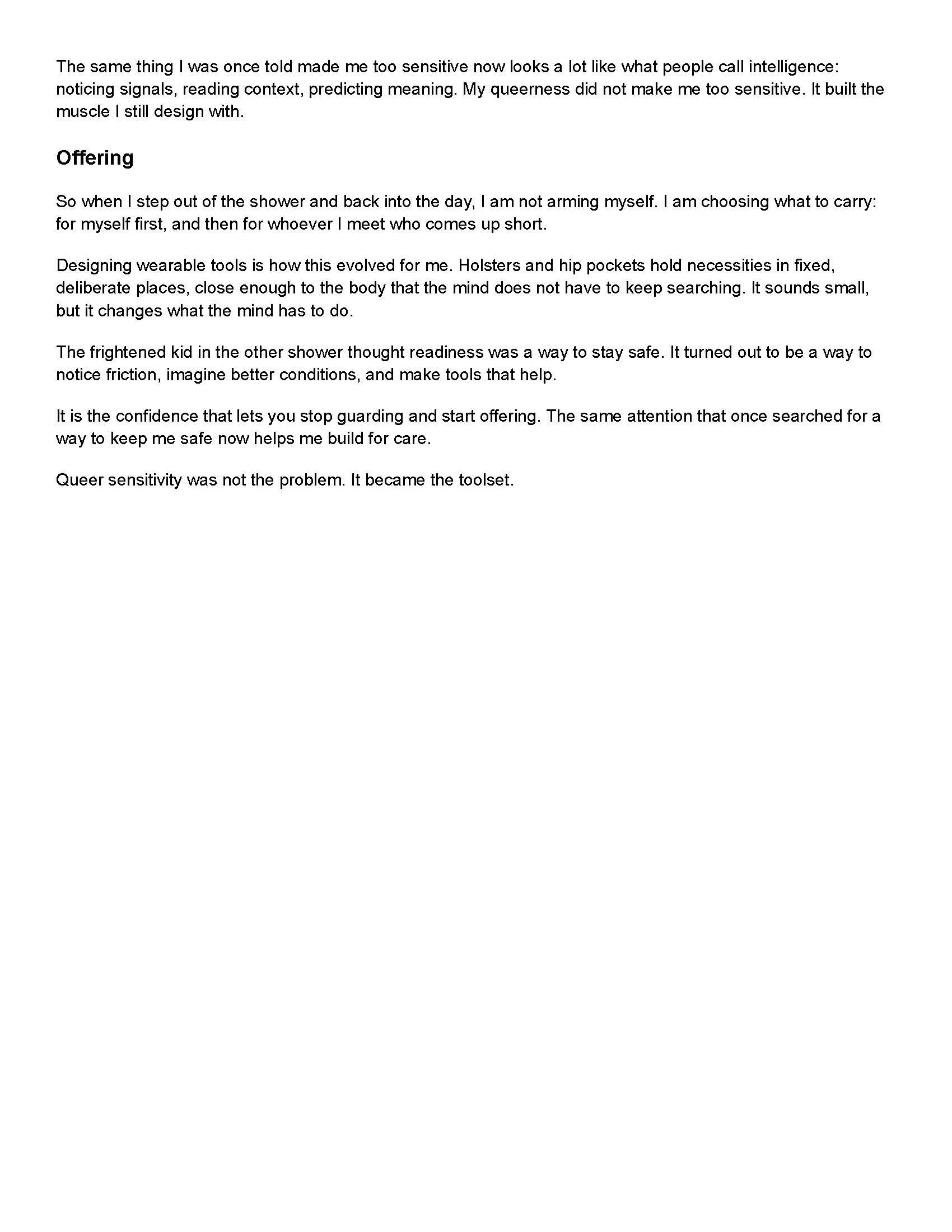 A typed letter discussing self-awareness, designing wearable tools, and the importance of confidence in self-care.