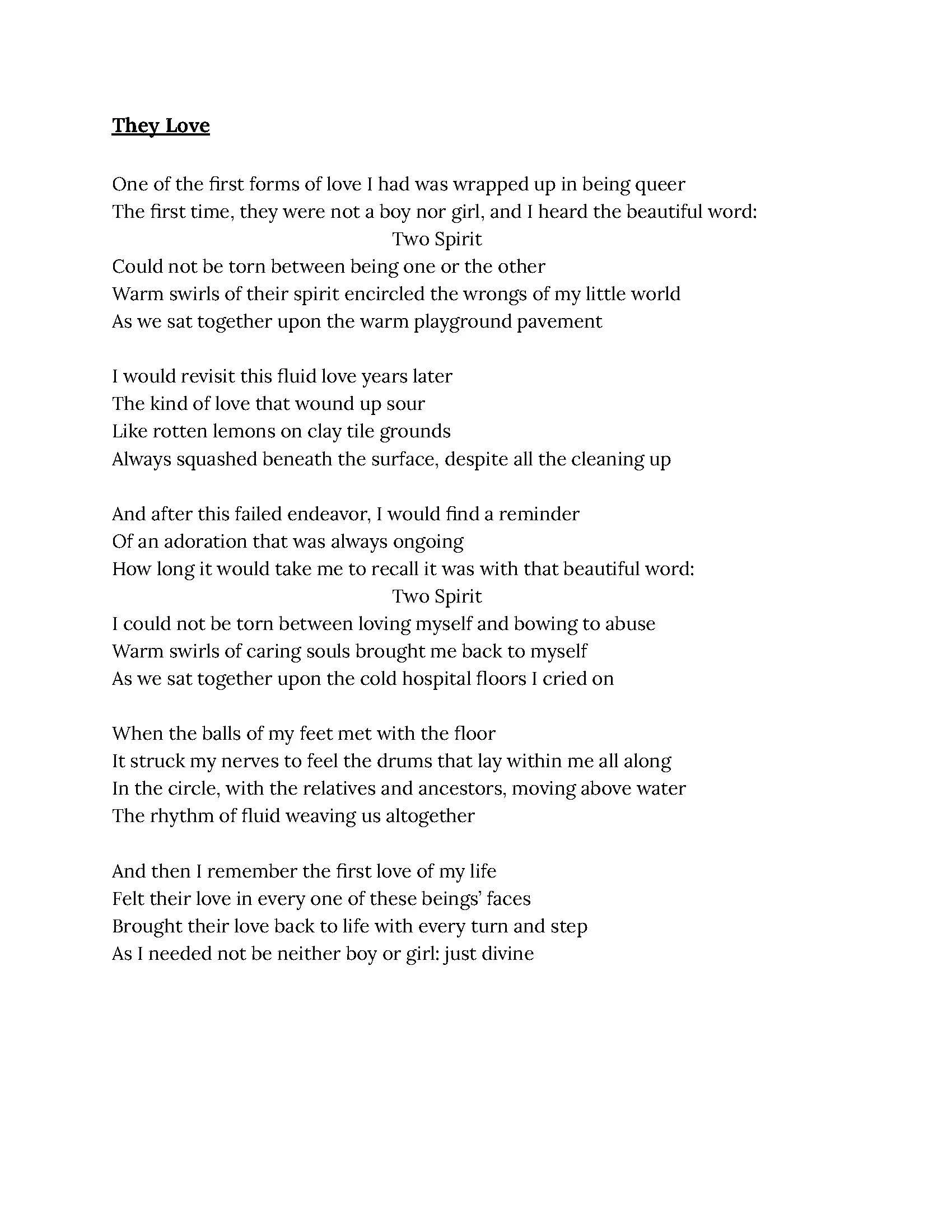 A poem titled "They Love" describing love as a divine, spiritual connection that transcends gender and physical boundaries, emphasizing the fluid and eternal nature of love.