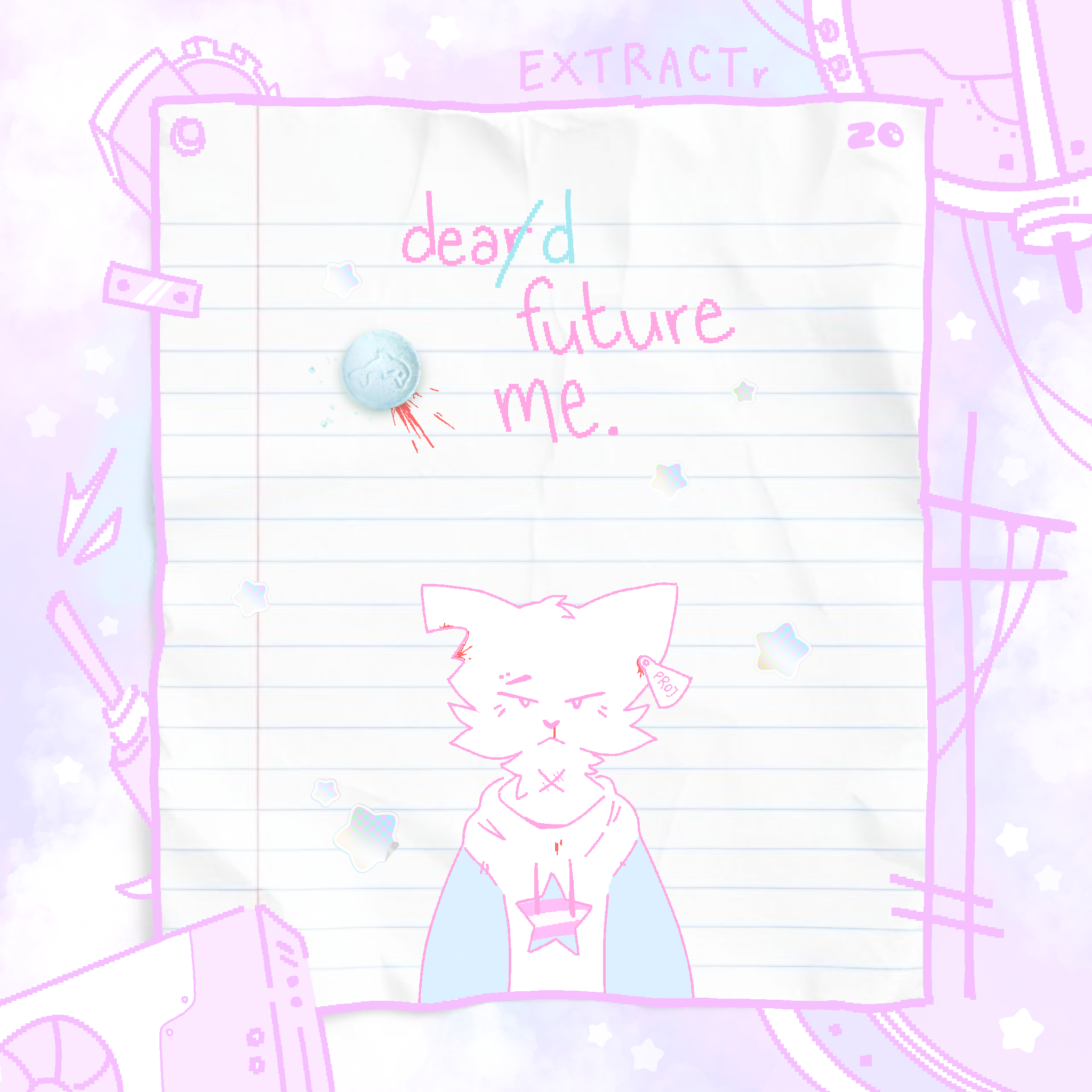 Drawing of a paper with the words "dear future me" written on it, surrounded by pastel-colored doodles of stars, rockets, cats, with a crumpled piece of paper and a round object at the bottom.