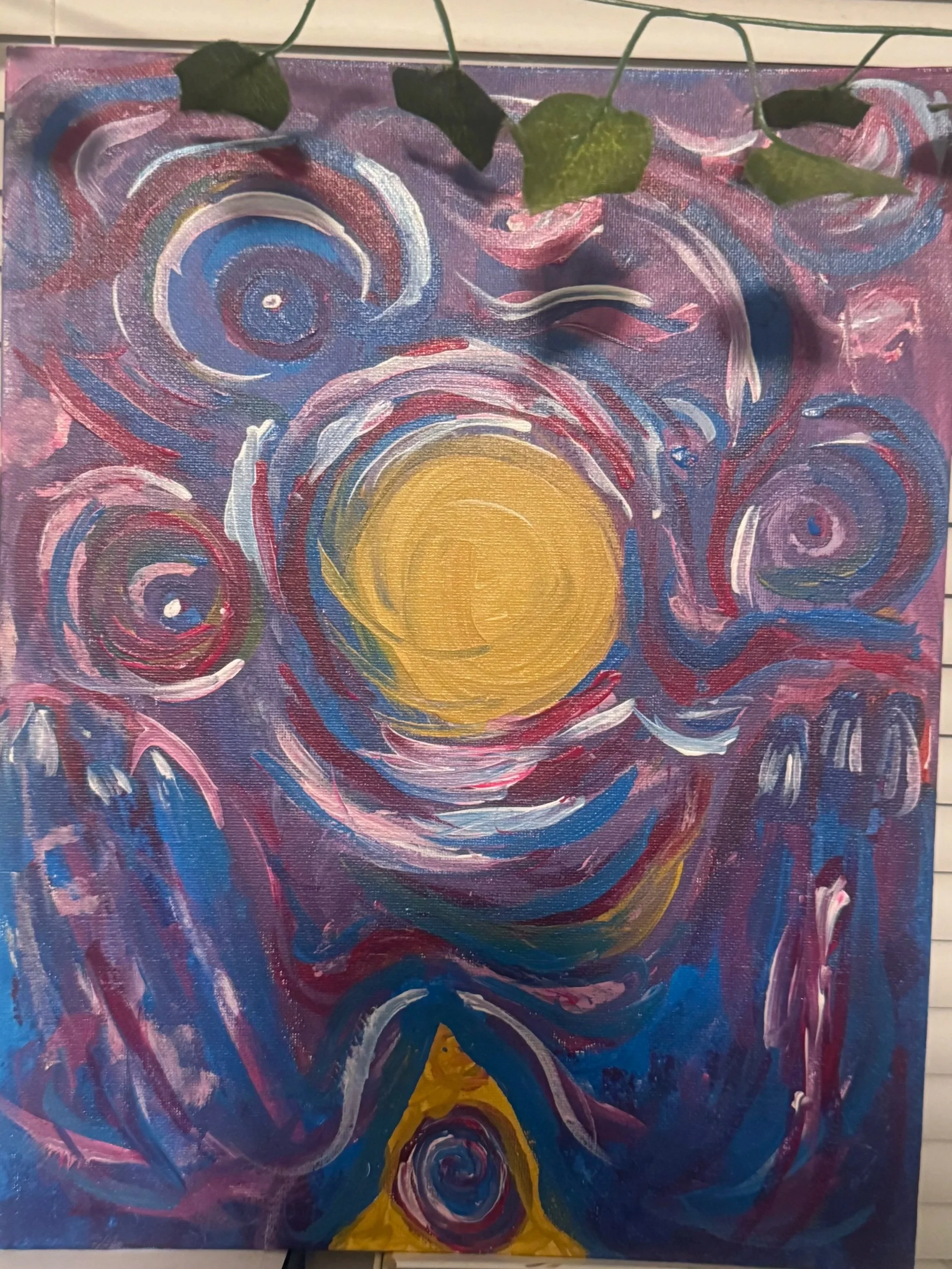 Abstract painting with swirling patterns in shades of pink, purple, blue, white, and yellow, featuring circular shapes and a central yellow and blue swirl.