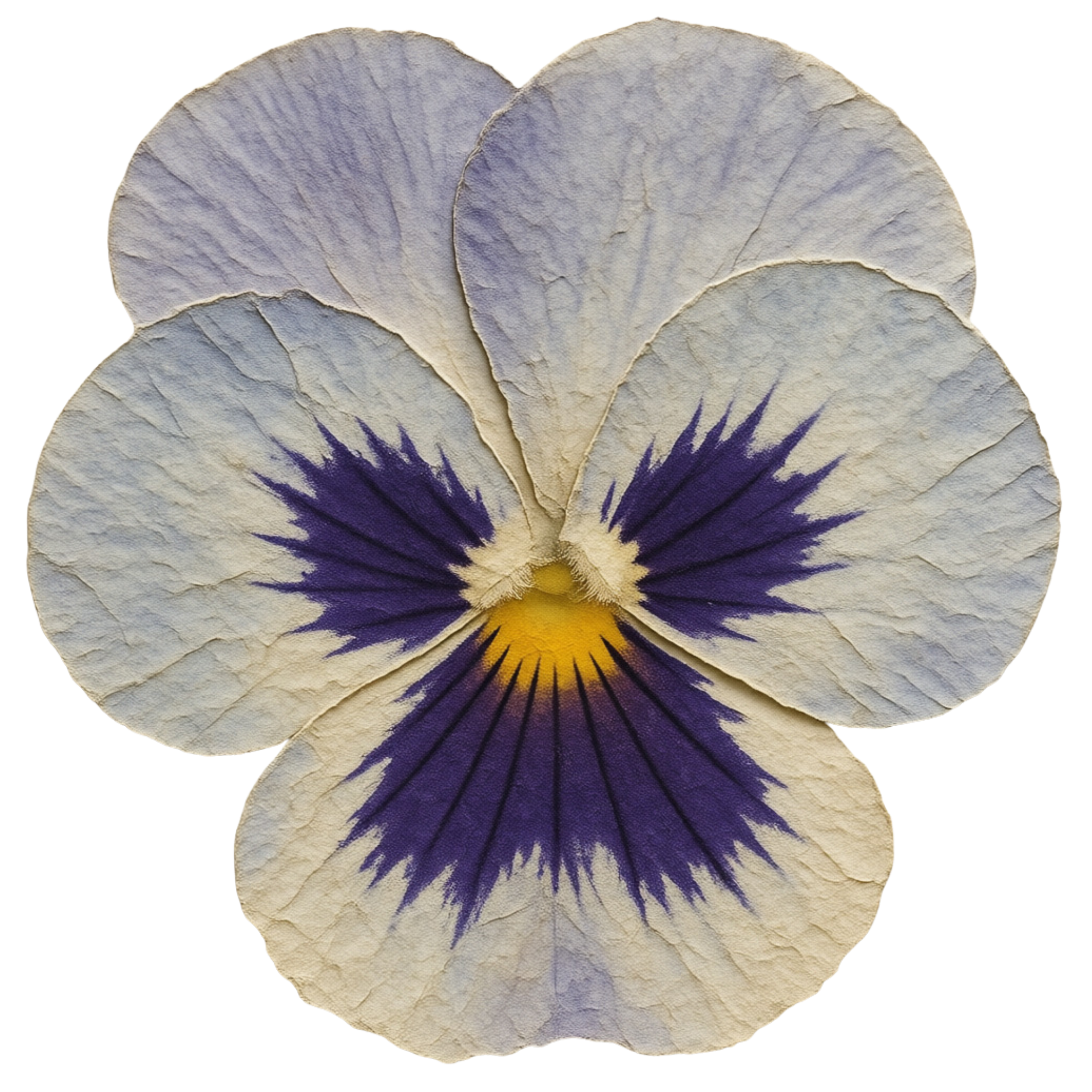 Close-up of several dried pansy petals with purple and yellow coloring.