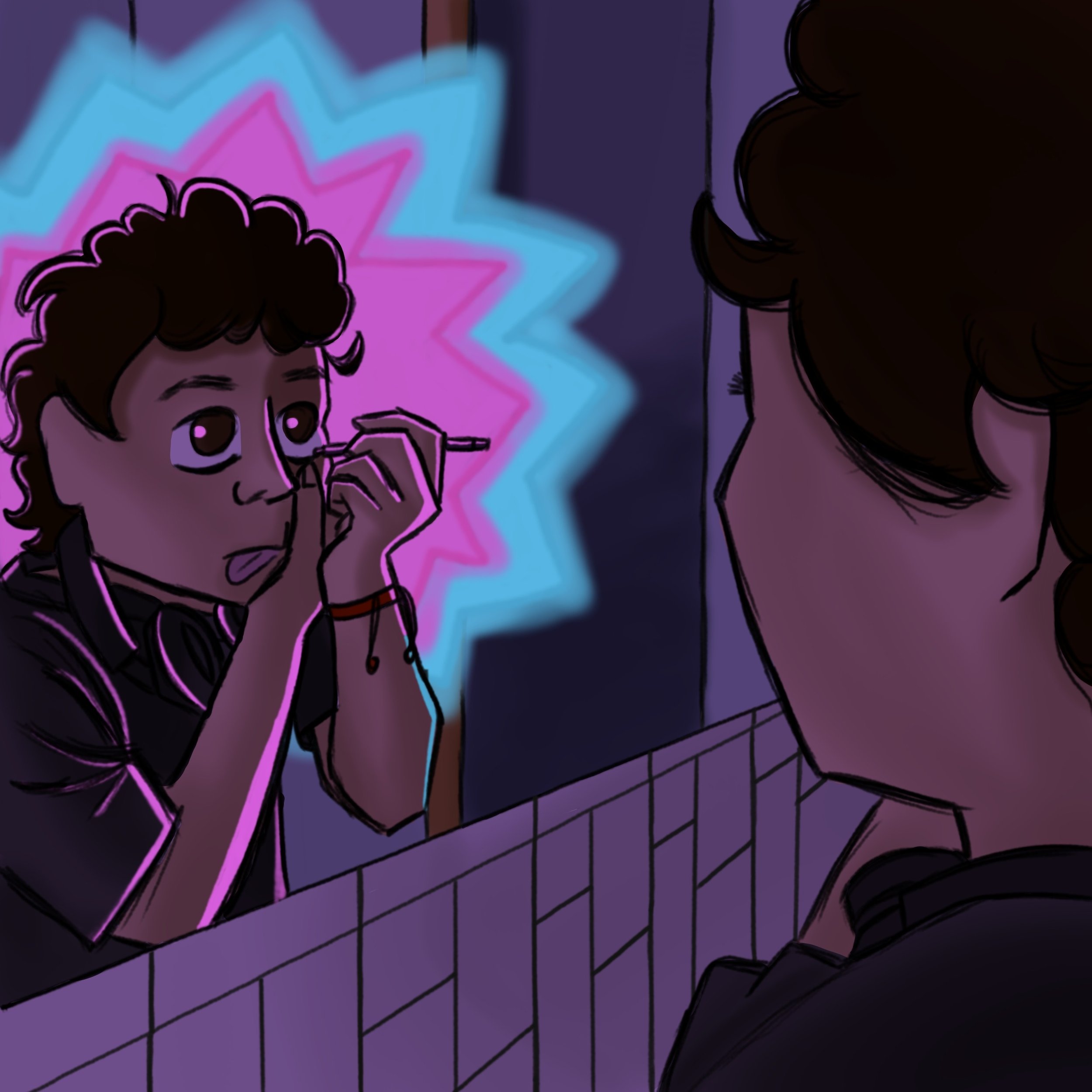 Drawing of a person with curly hair and large eyes, with a colorful starburst background, applying eyeliner in a mirror.