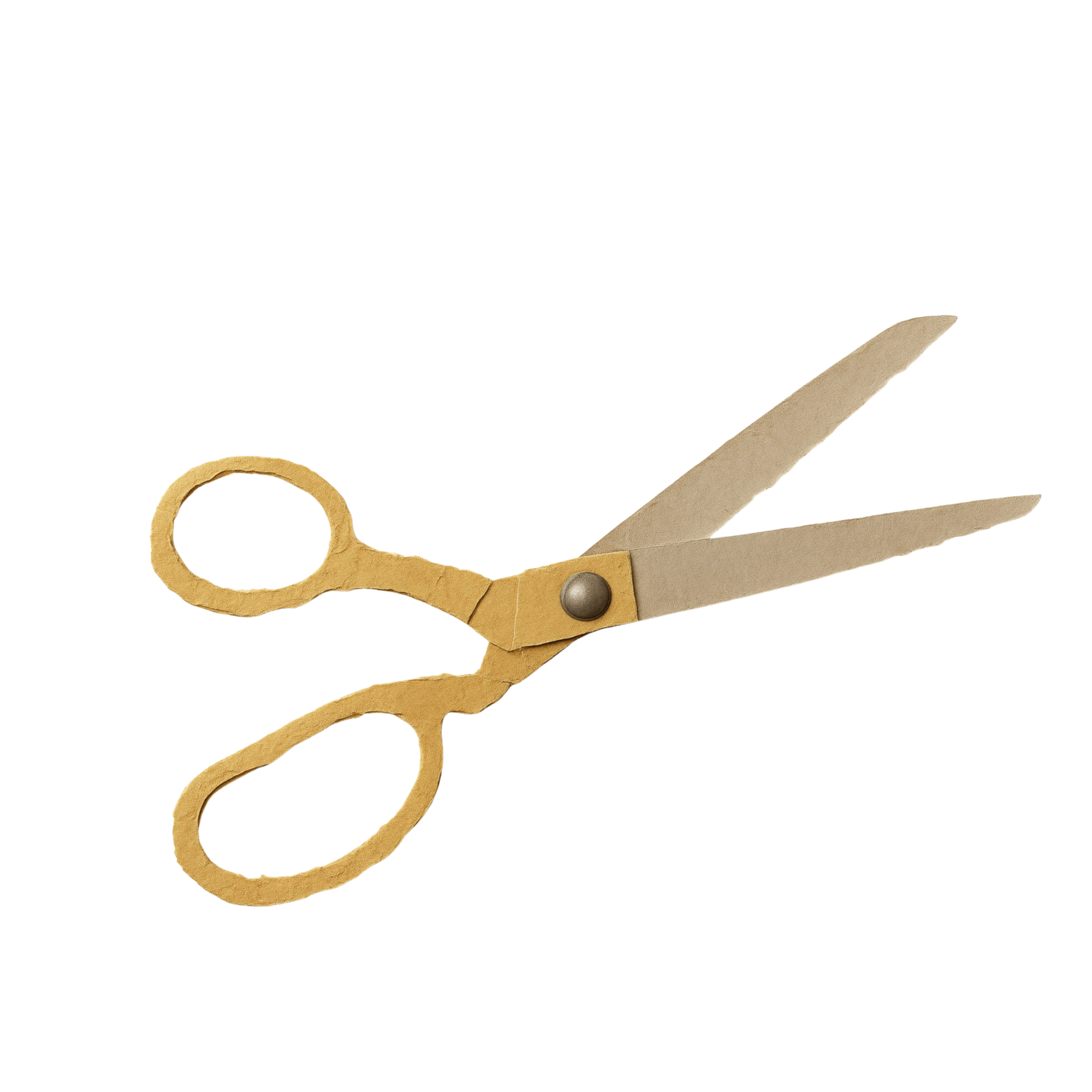 A pair of beige scissors with a rounded handle and a metal screw on black background.