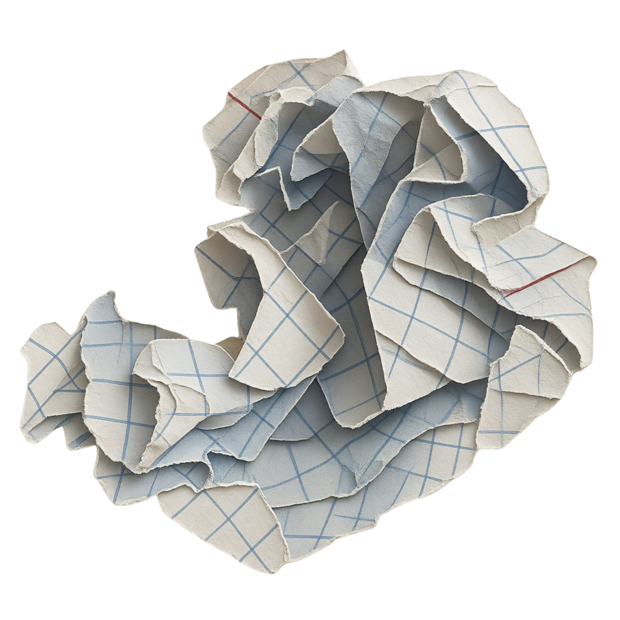 Crumbled pieces of lined notebook paper with blue grid lines scattered on a surface.