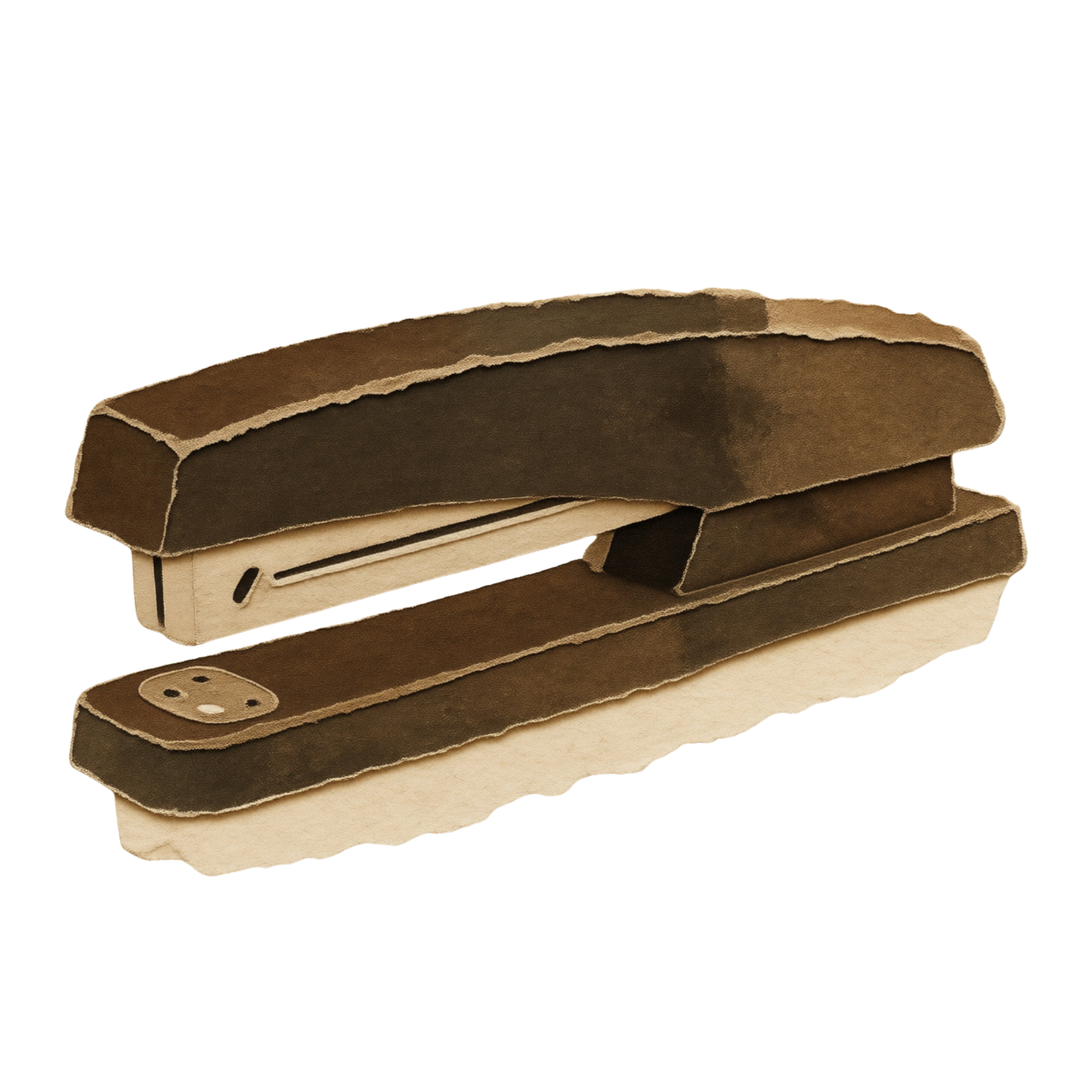 Close-up of a torn cardboard sandwich box with brown paper and black markings.