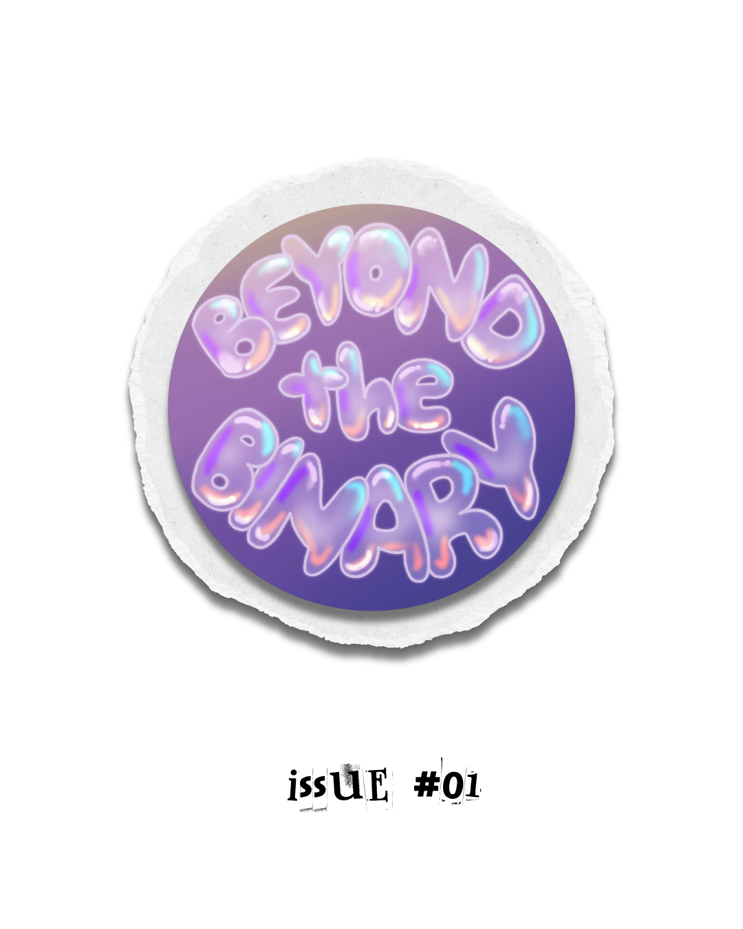 Bubble letters in purple tones reading, "Beyond the Binary" in a circle logo on a ripped paper outline