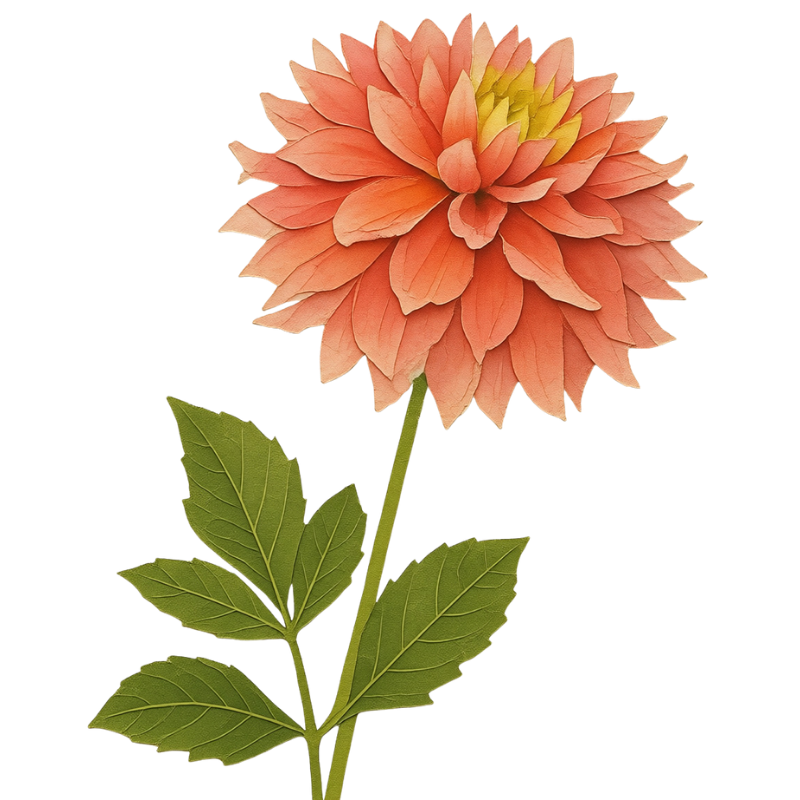 A large peach-colored dahlia flower with layered petals and green leaves on the stem.