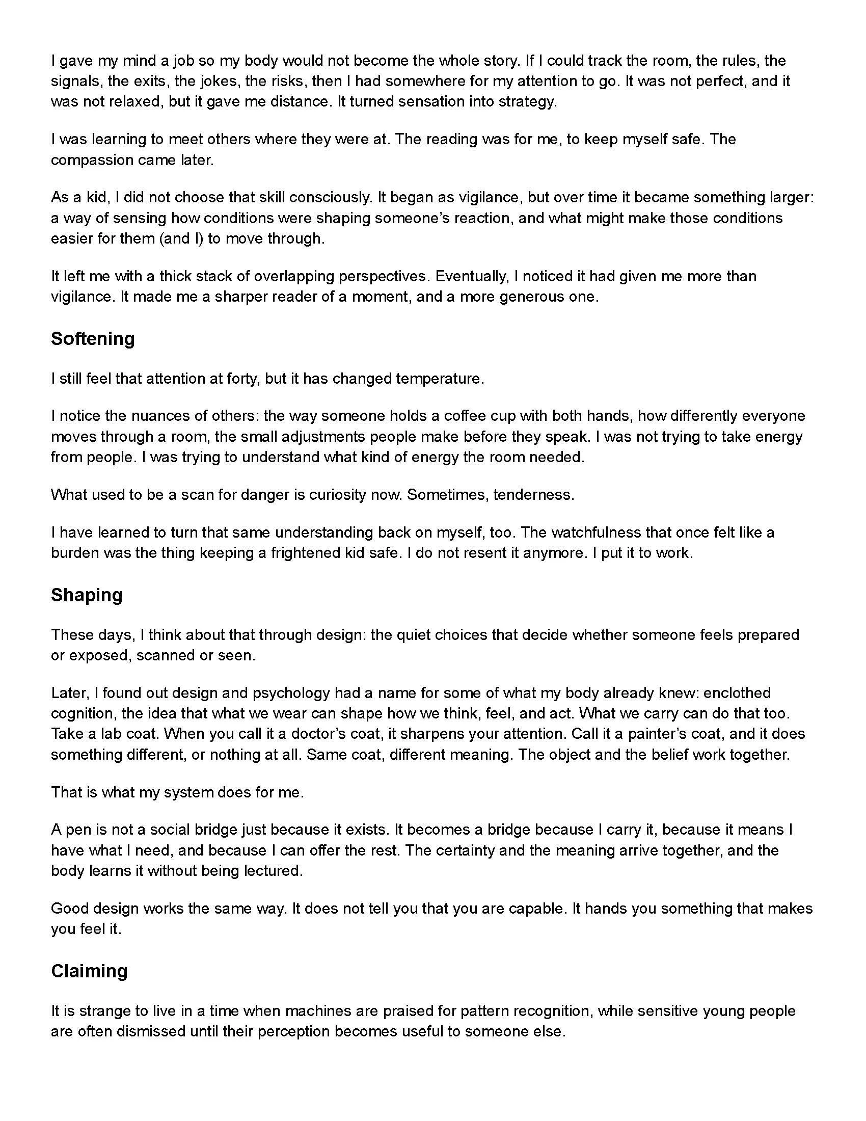 A page of text discussing the concepts of perception, design, and body language, including thoughts on pattern recognition, subtle cues, and the significance of non-verbal communication.