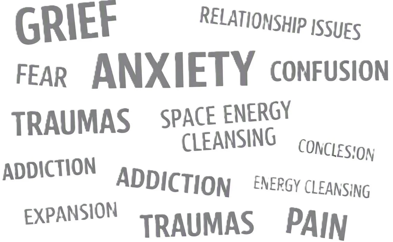 grief, fear, anxiety, traumas, addiction, expansion, relationship issues, confusion, space energy, cleansing, conception, energy cleansing, and pain.