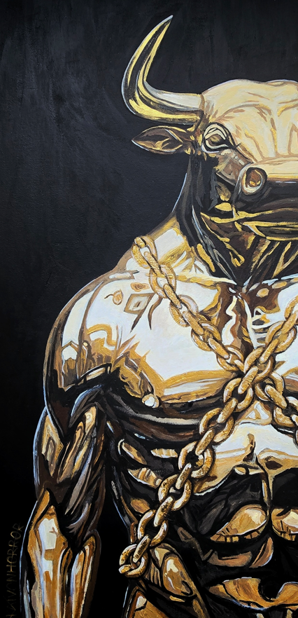 Painting of a muscular bull wearing a gold chain against a black background.