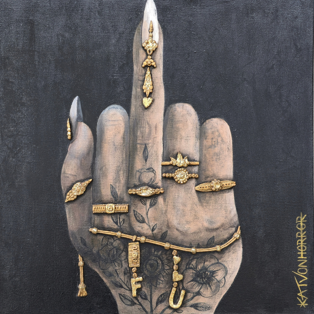 Painting of a hand with tattoos and gold rings, bracelets, and jewelry on the fingers and wrist, against a dark background.