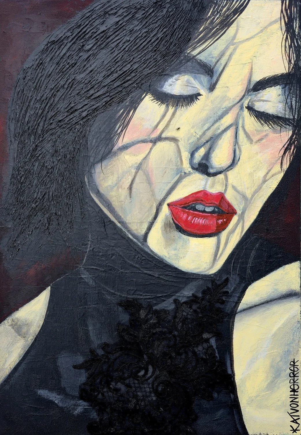 Acrylic painting of a dark-haired lady called Viktoria. Real lace details.
