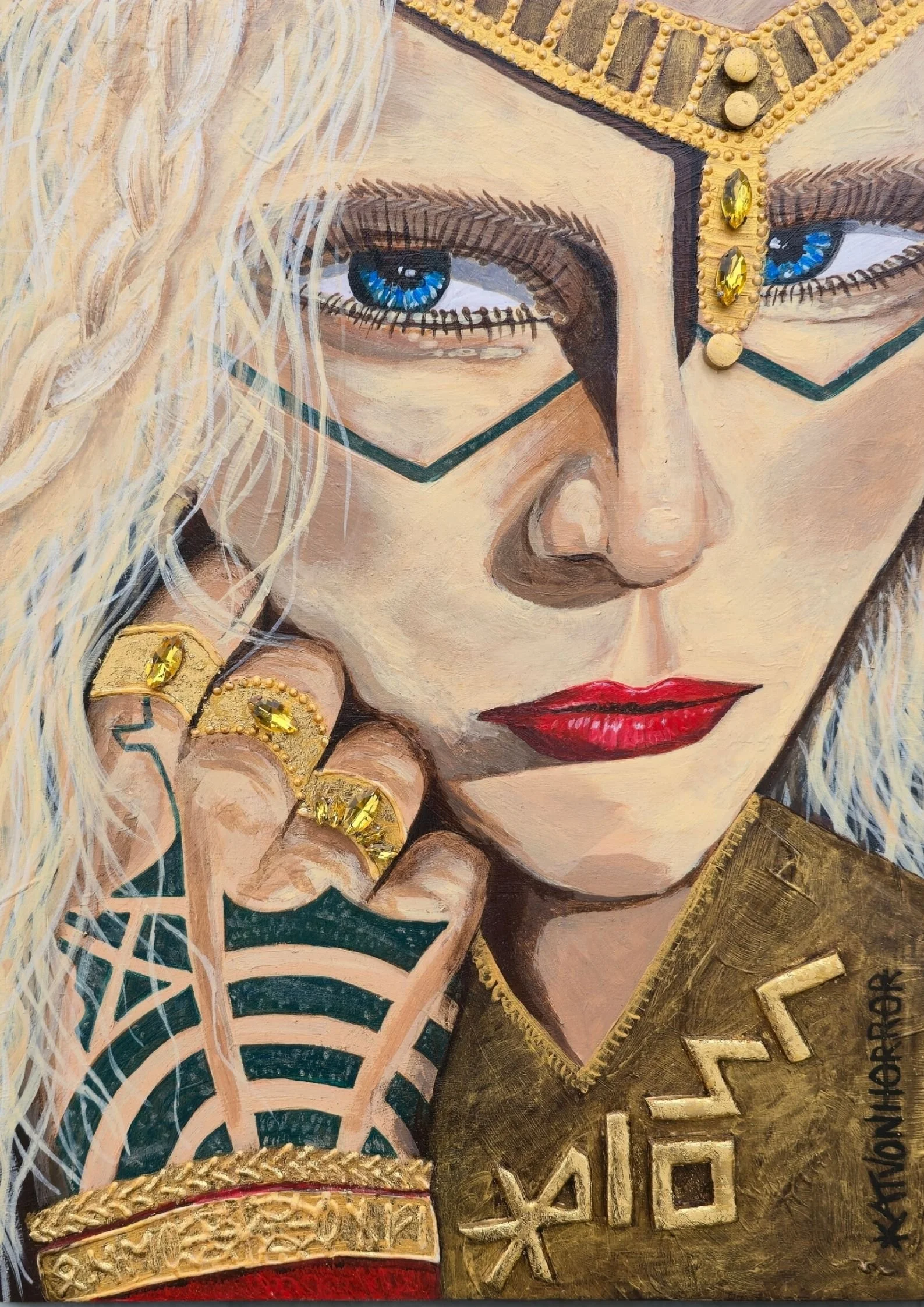 A close-up painting of a woman with long blonde hair, blue eyes, red lipstick, wearing a crown and jewelry, with intricate gold details and patterns in the background.