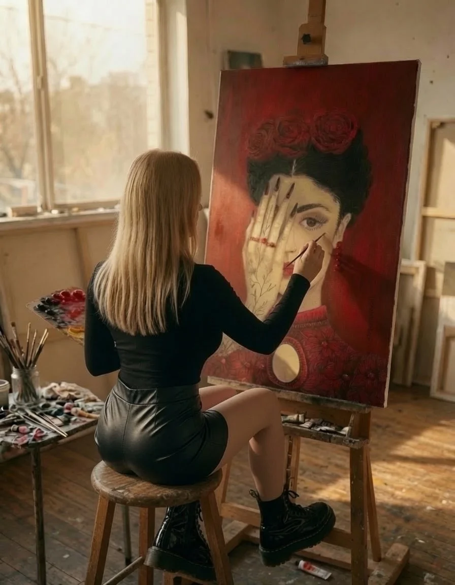 A woman with long blonde hair, wearing a black top, black leather skirt, and black boots, is sitting on a wooden stool in an art studio. She is painting a portrait of a woman with flowers in her hair on a large canvas. The studio has large windows and art supplies on tables around her.