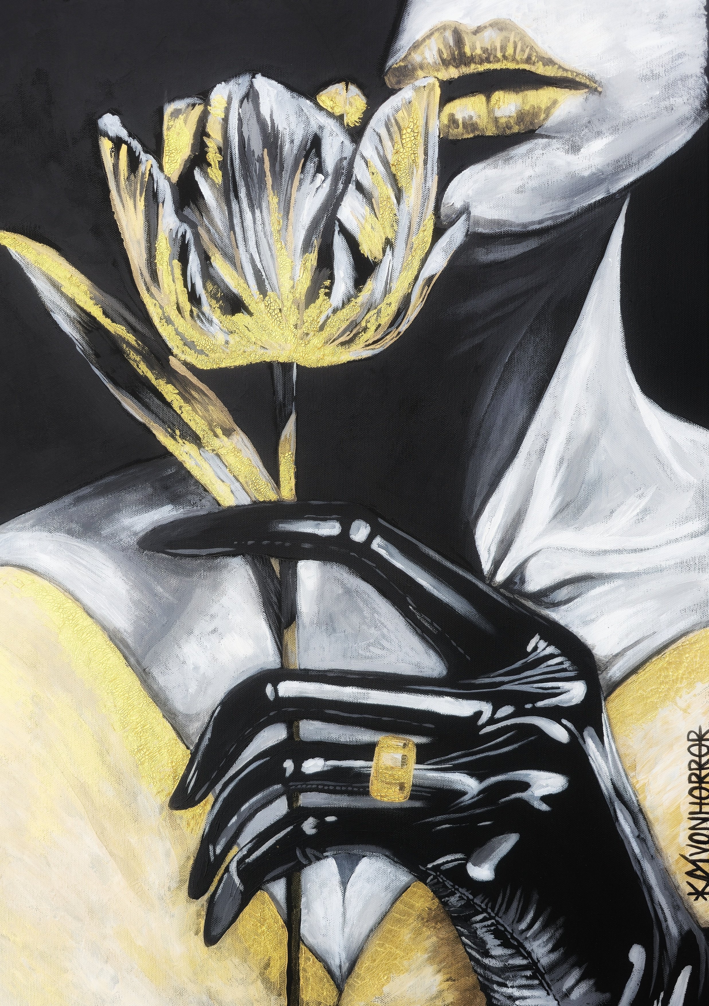 Painting of a black and white shoe with gold accents, including a gold buckle and laces, set against a gold and black abstract background.