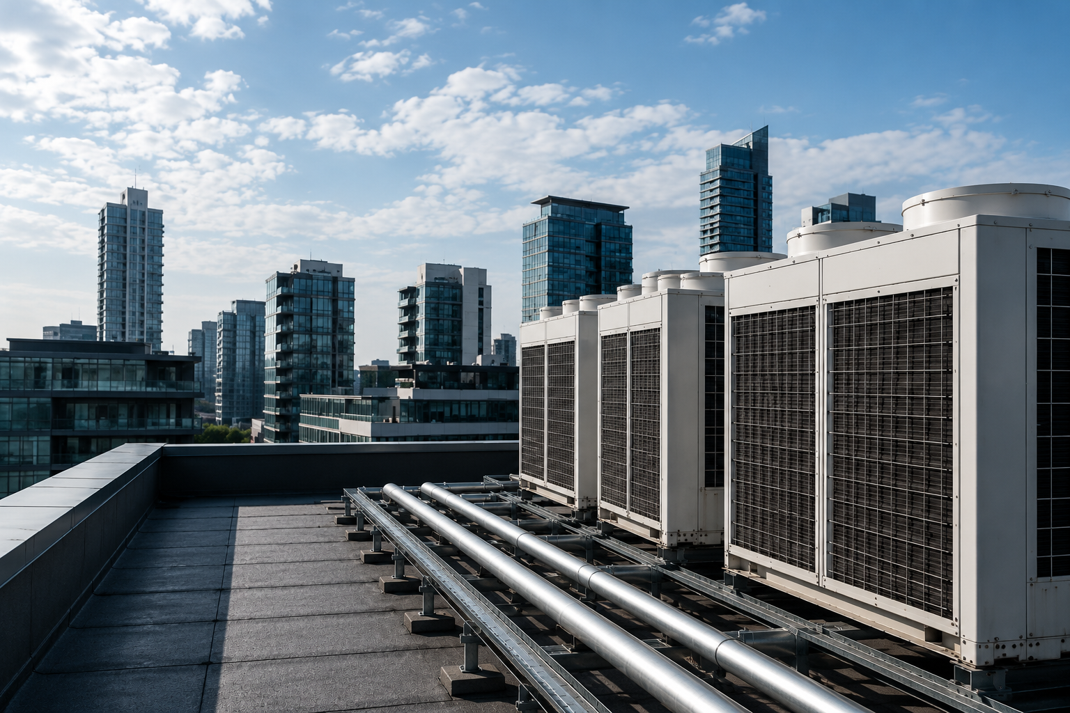 Commercial rooftop HVAC equipment and pipework on a modern building in Sydney.