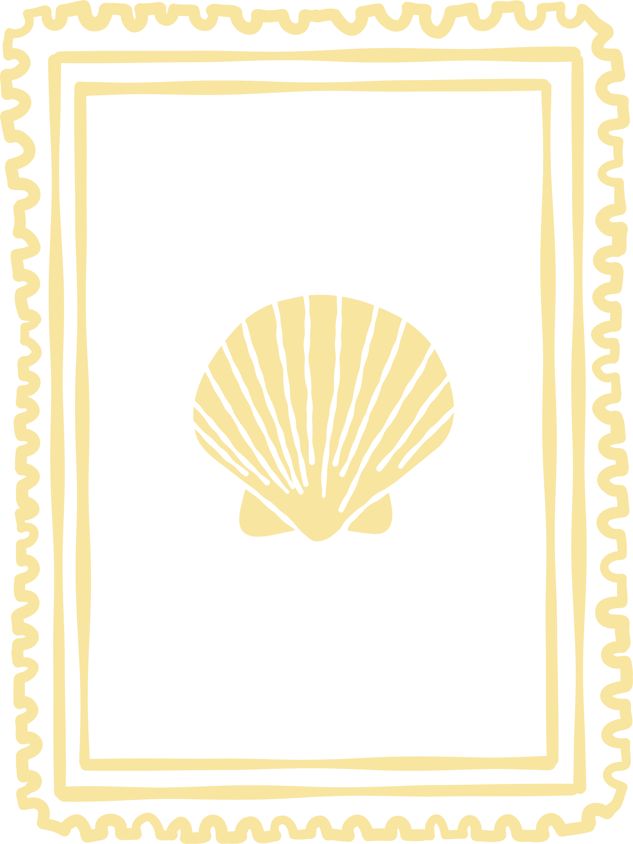Skizze einer Barcode-ähnlichen Markierung mit Muschelsymbol in der Mitte, eingerahmt von einer gewellten Linie.
