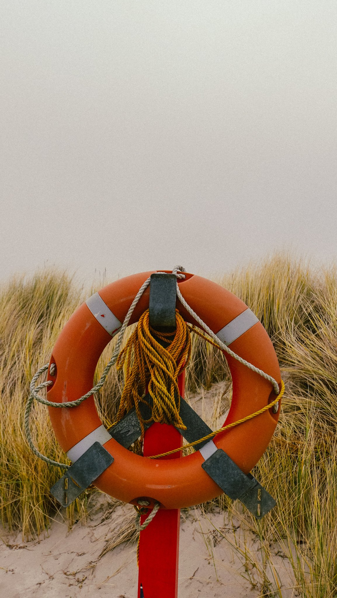 Rettungsring mit Seilen am Strand inmitten von Gras, Blick auf die Dünen und Himmel im Hintergrund.