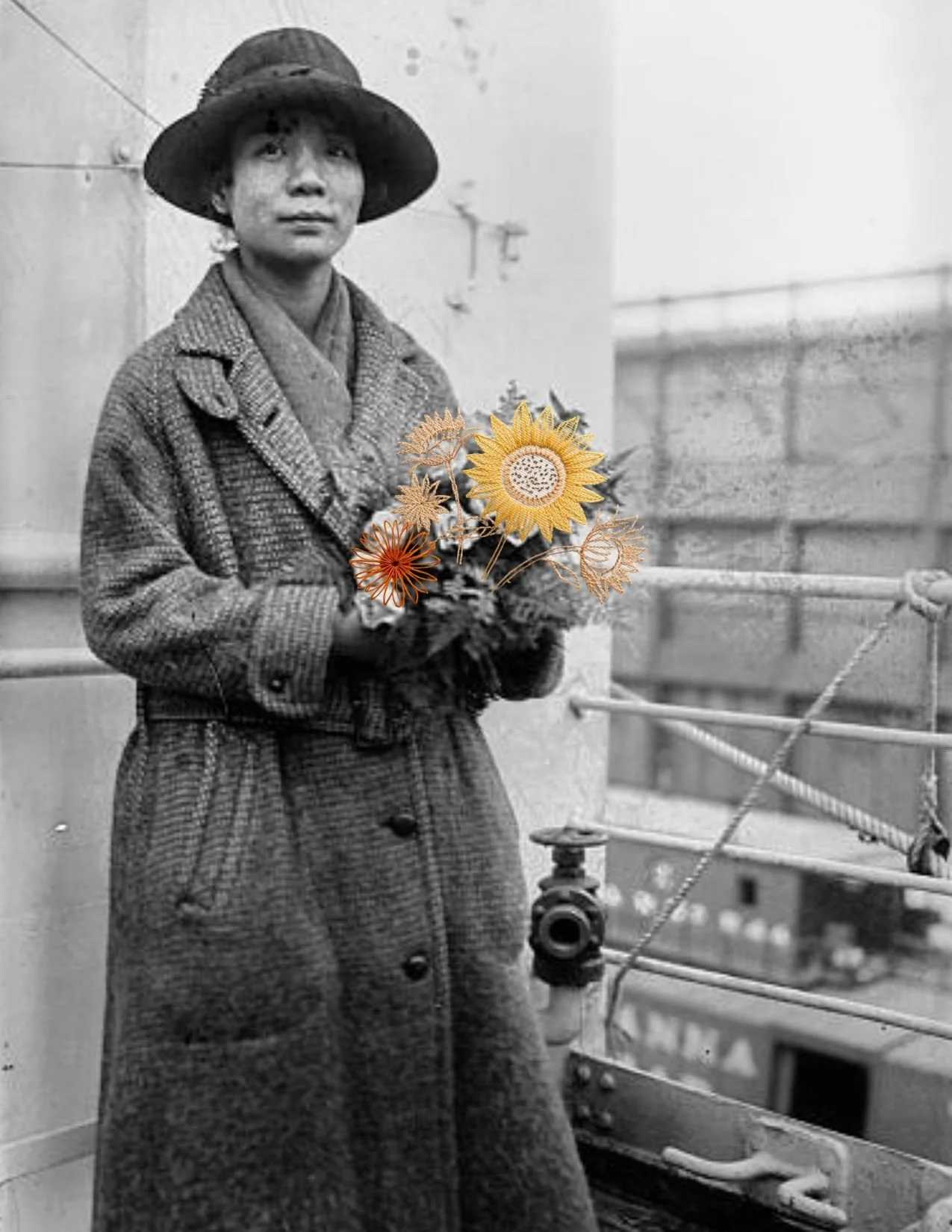 A black-and-white photo of Mabel Ping Hua Lee wearing a coat and hat, holding embroidered flowers, standing on a balcony with a cityscape in the background.