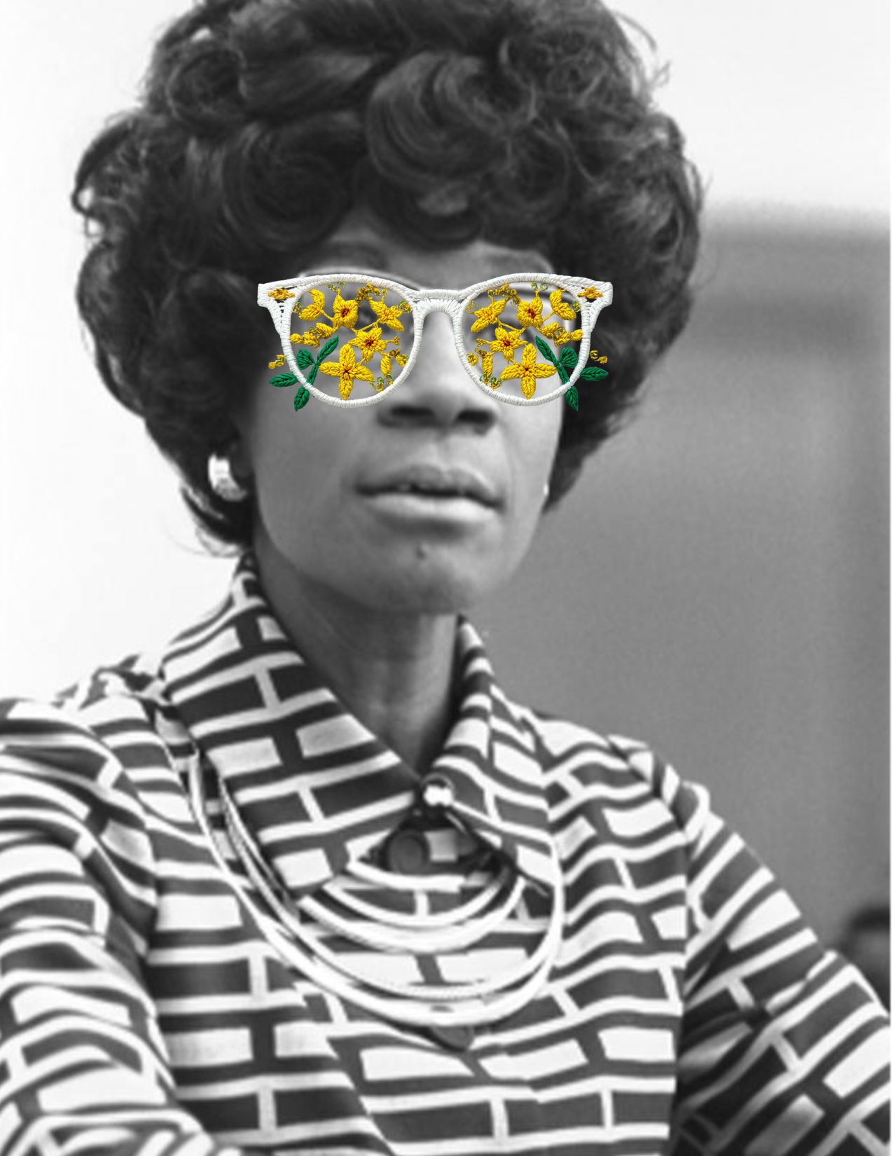 Black and white photo of a Shirley Chisholm wearing a striped dress, with curly hair, wearing  photoshopped sunglasses with an added floral embroidery.