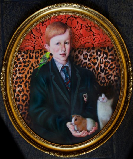 "Boy with Pets (portrait)", oil on masonite, 12 x 18 inches