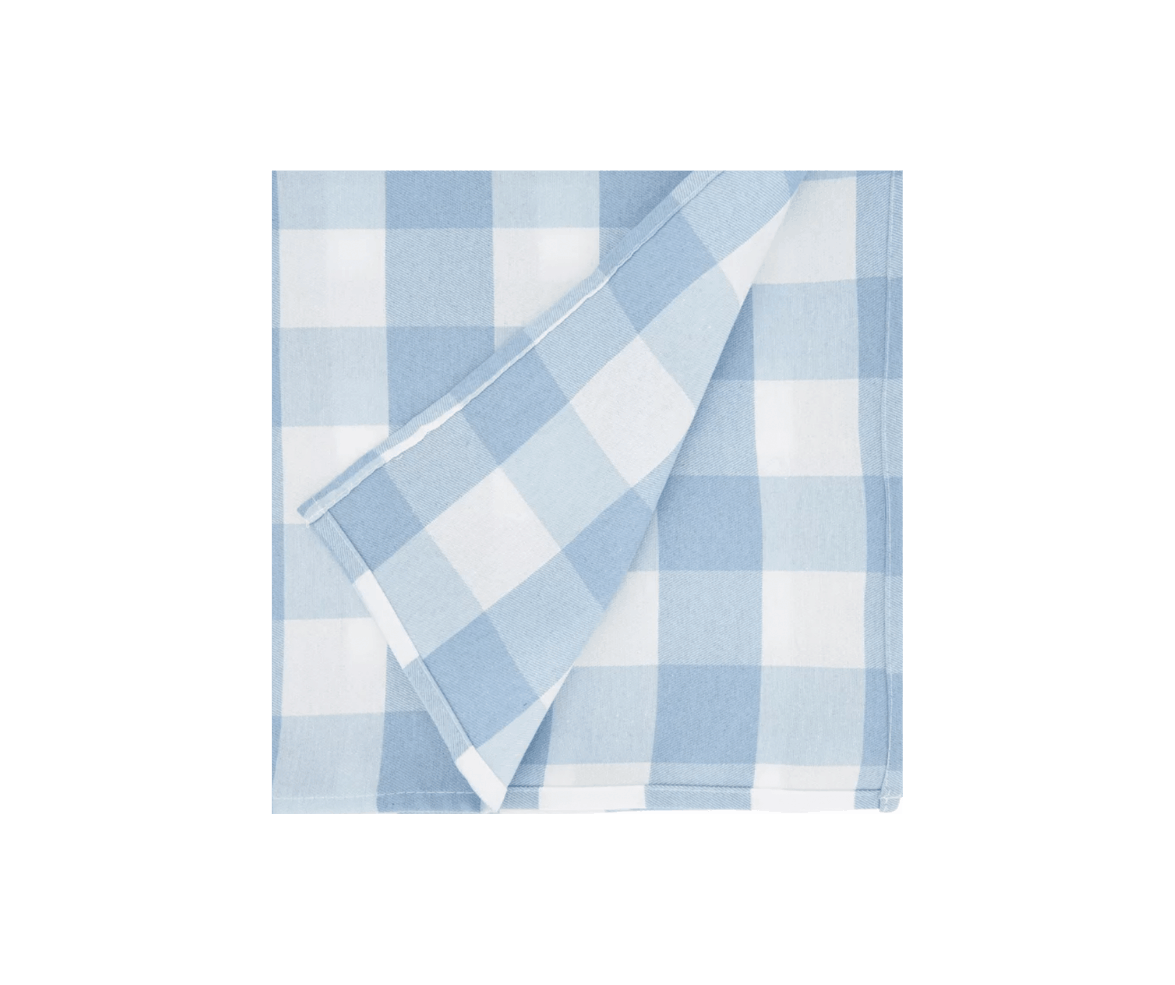 Close-up of a light blue and white checkered cloth, possibly a napkin, with one corner folded over.
