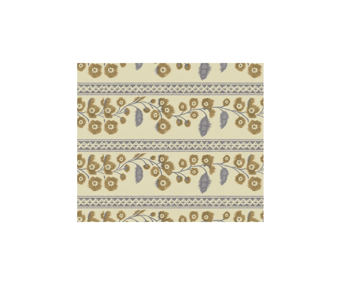 Pattern with beige background, featuring brown flowers and gray leaves, interwoven with geometric lines.