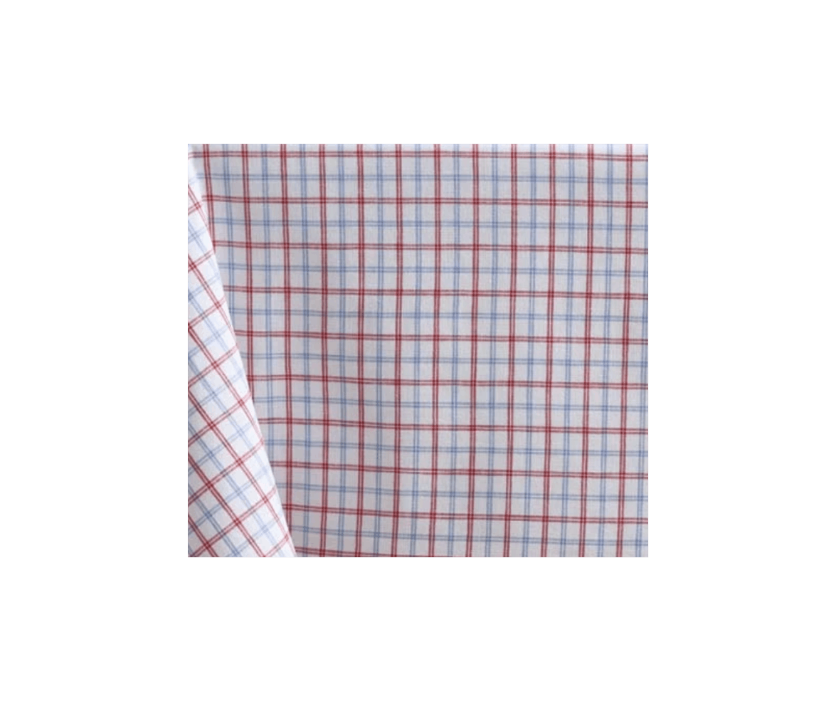 Close-up of a flat sheet and a folded corner of a checkered tablecloth with red and blue lines on a white background.