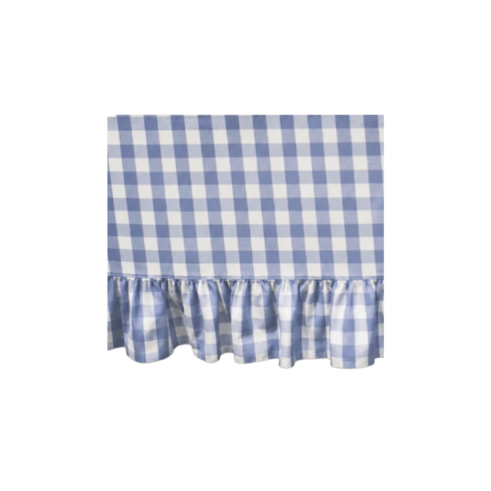 A blue and white checkered fabric with a ruffle at the bottom edge.