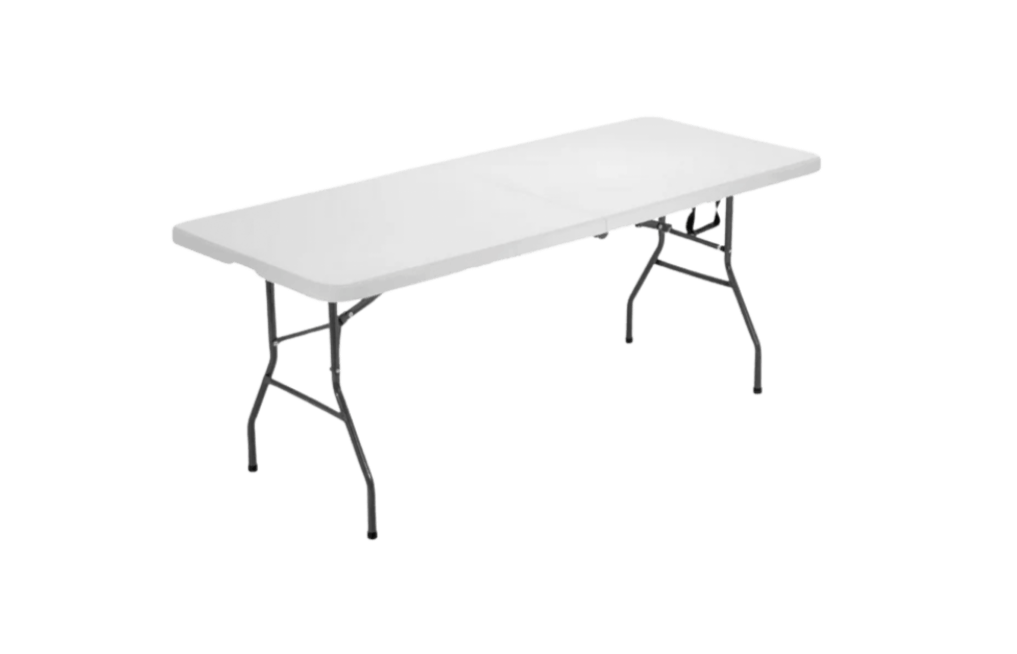 A white folding table with metal legs set against a black background.
