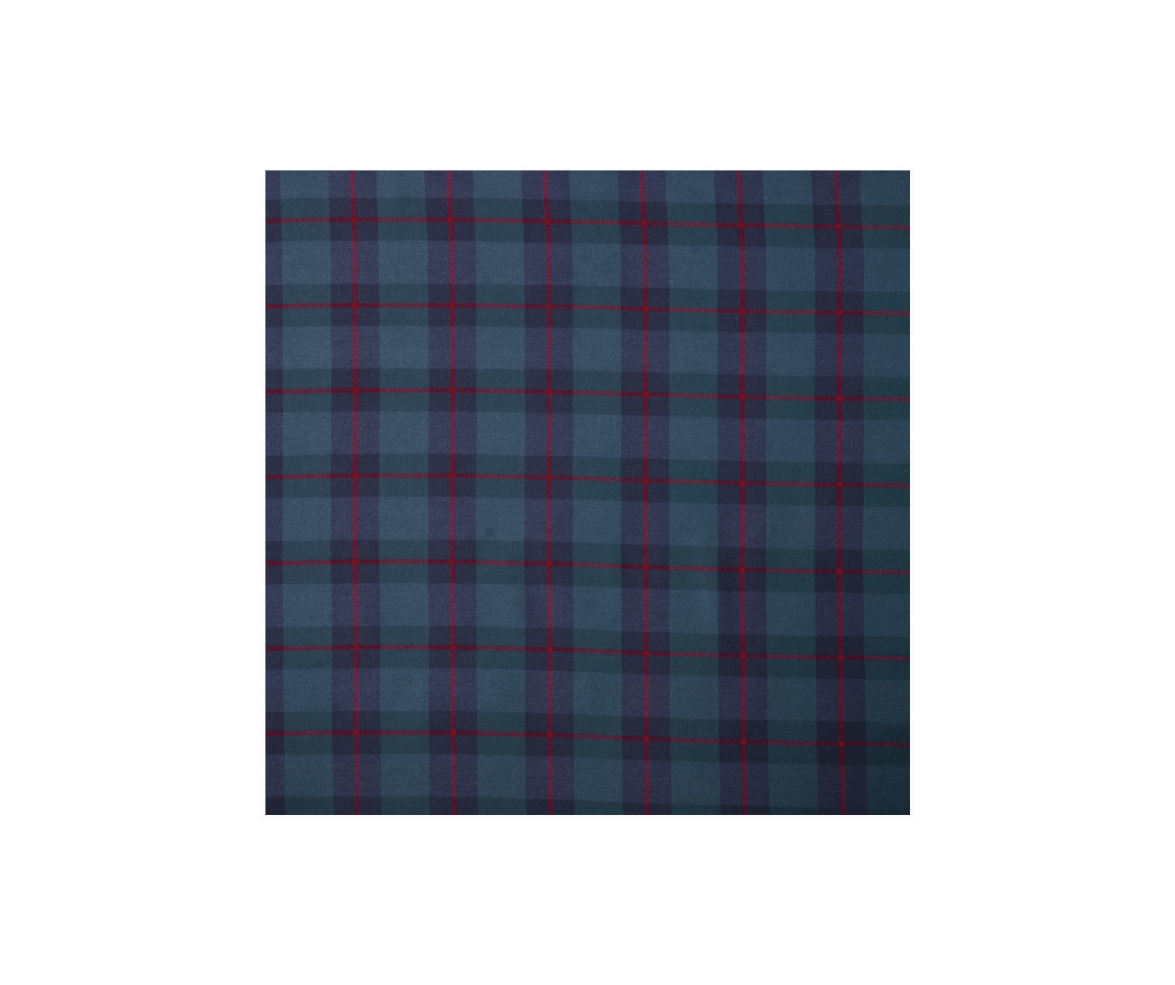 Close-up of fabric with plaid pattern in dark blue, green, and red colors.