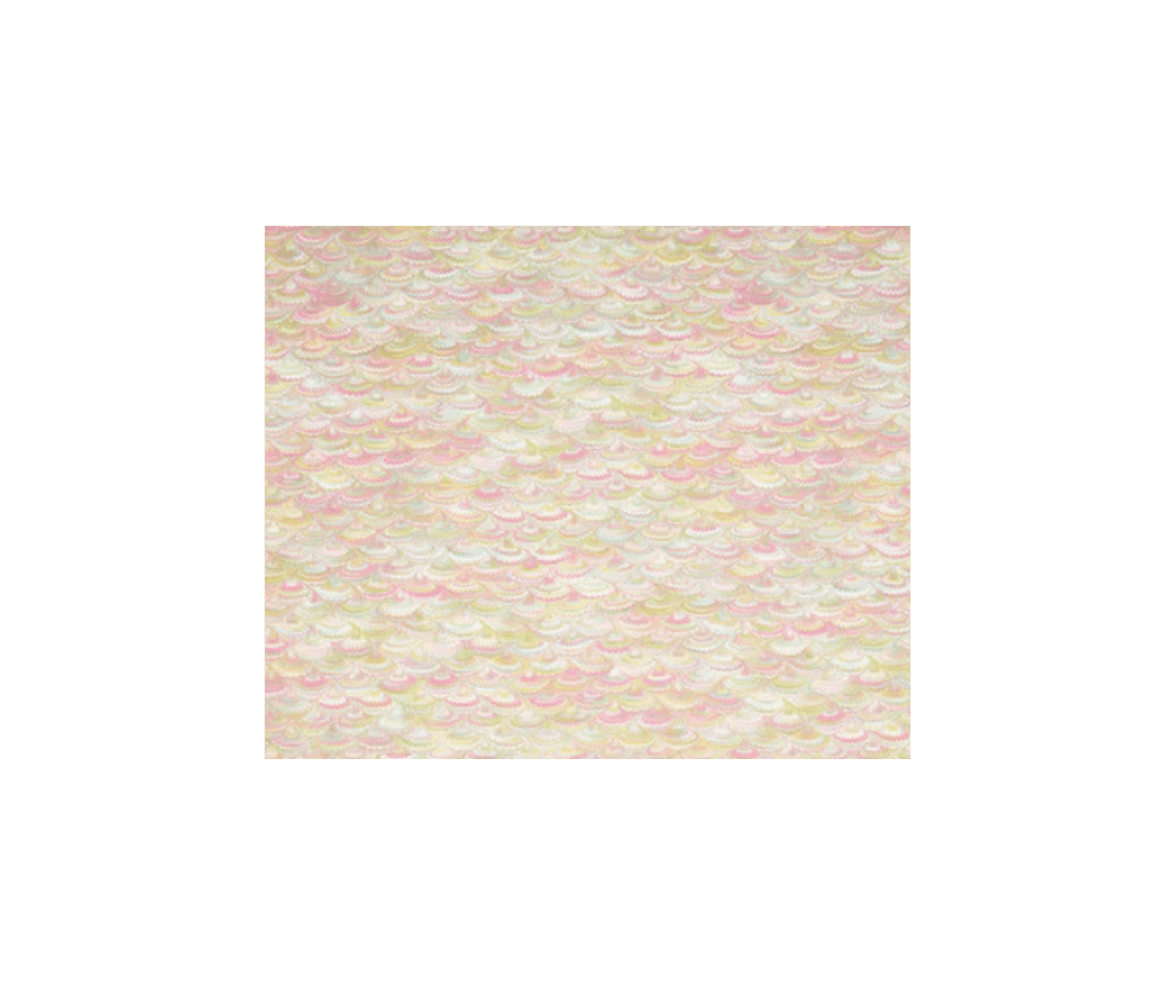 Close-up of a pattern with pastel pink, yellow, and white scalloped shapes that resemble a scale or fan design.