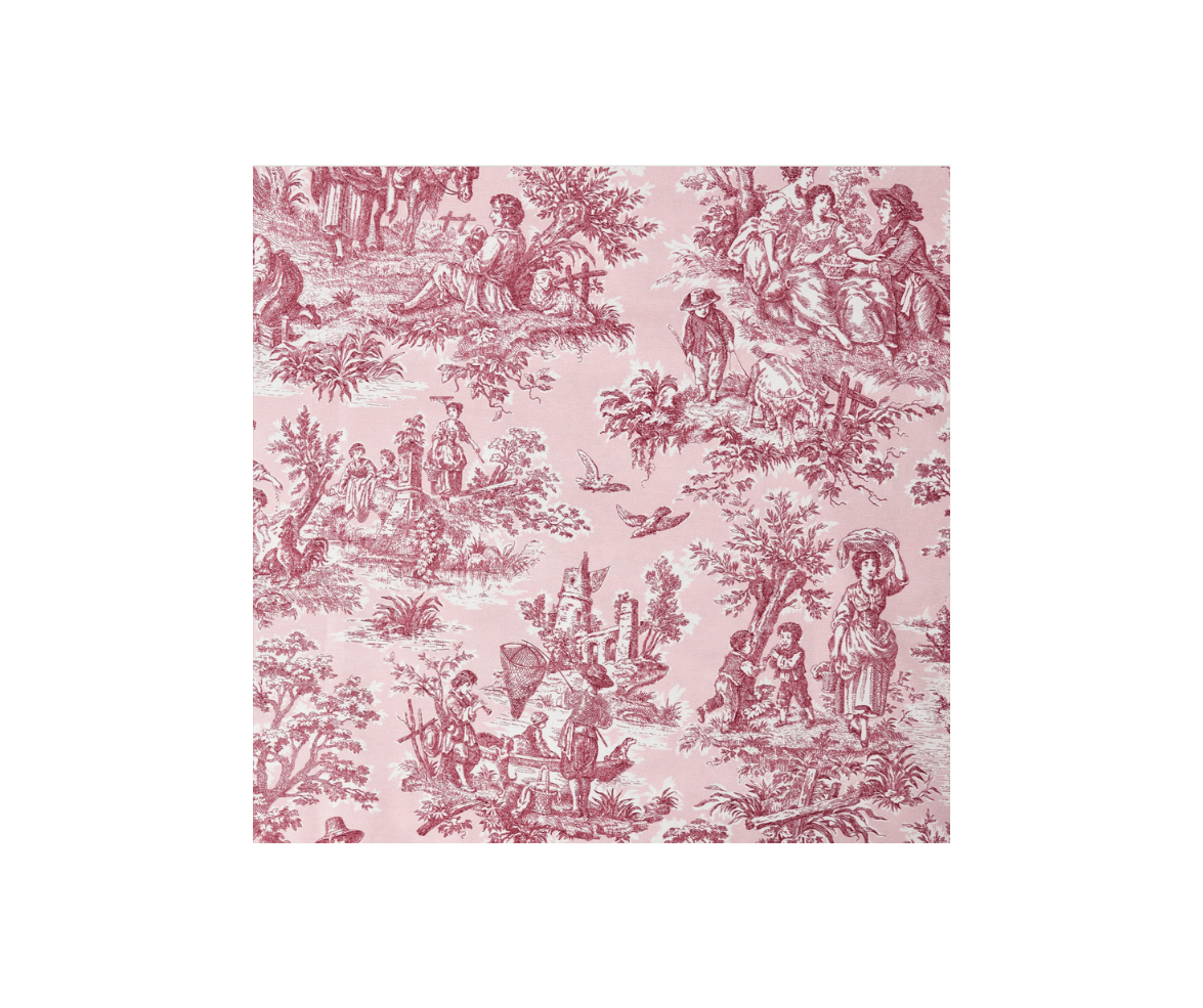 Pink toile fabric with pastoral scenes including people, children, animals, and trees.