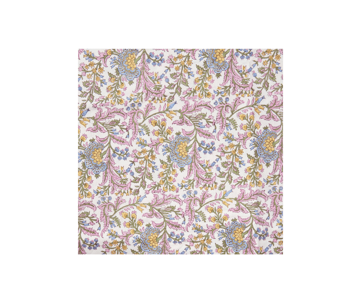 Close-up of floral fabric with pink, yellow, blue, and green intricate pattern.