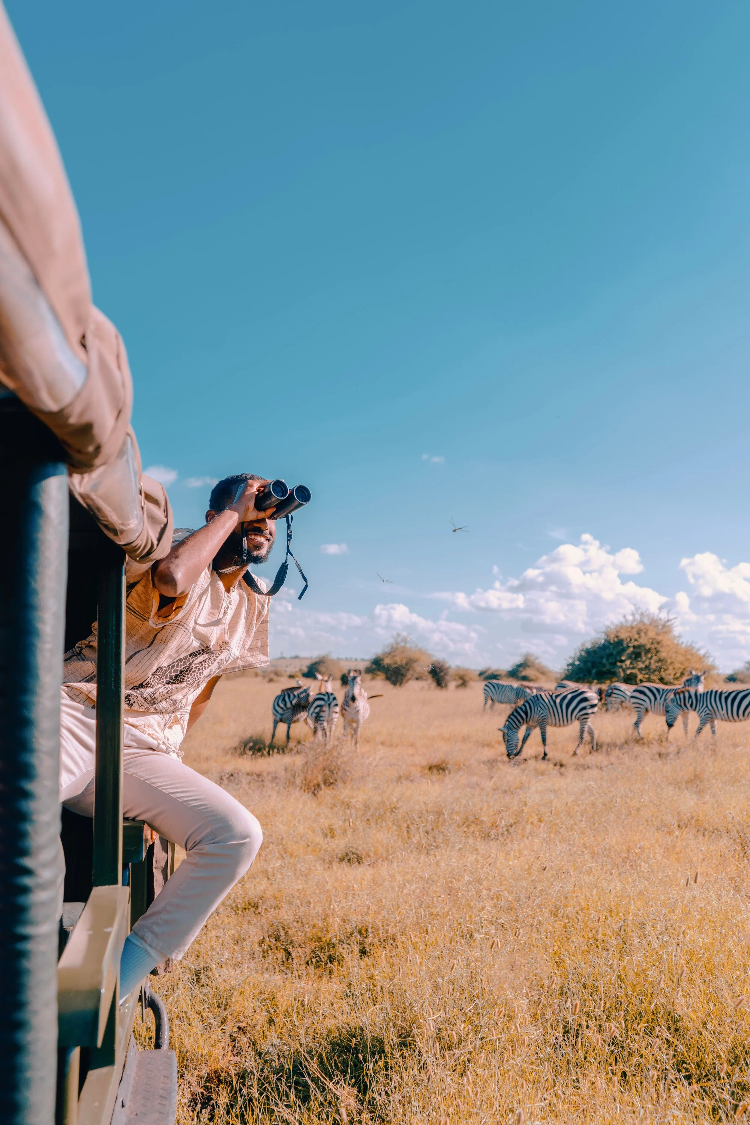 Tourists on a safari vehicle observing a herd of zebras in a grassy plain with a clear blue sky and some clouds.