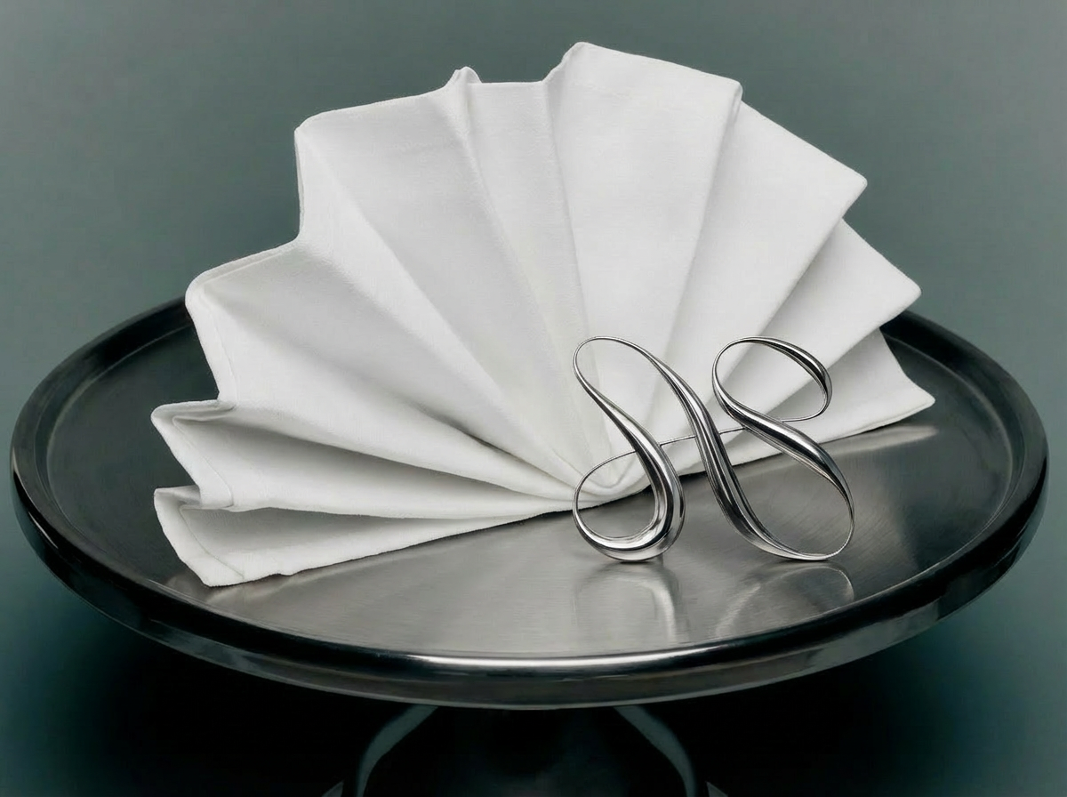 A silver tray with a neatly folded white cloth napkin and a pair of scissors.