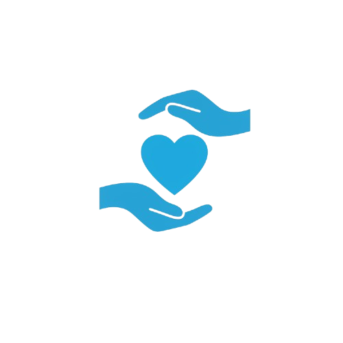 Two blue hands, one above the other, hold a blue heart between them.